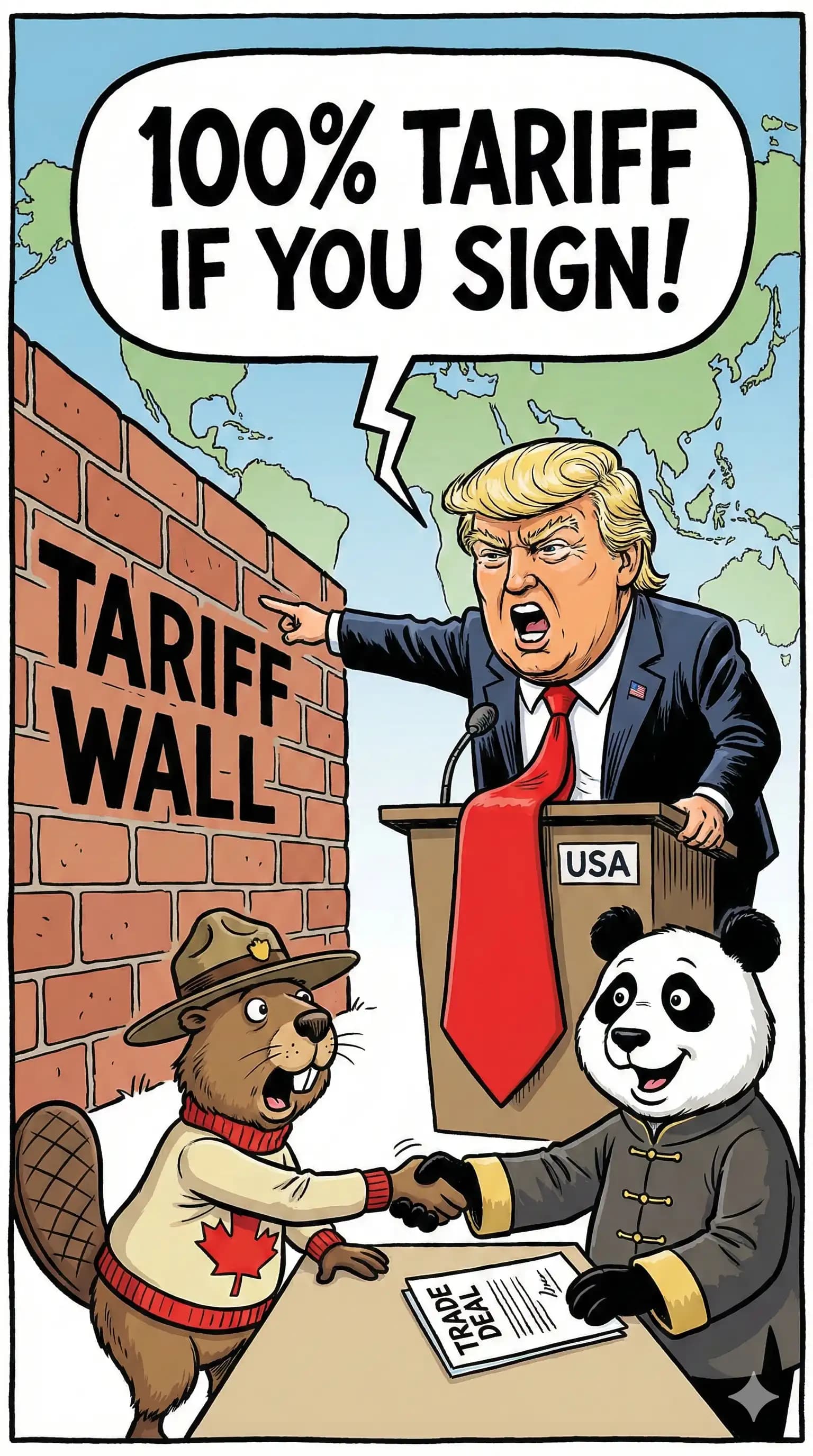 Political cartoon: President Trump issues a massive trade ultimatum to Canada, threatening 100% tariffs on all imports if PM Mark Carney proceeds with a new trade agreement with China.