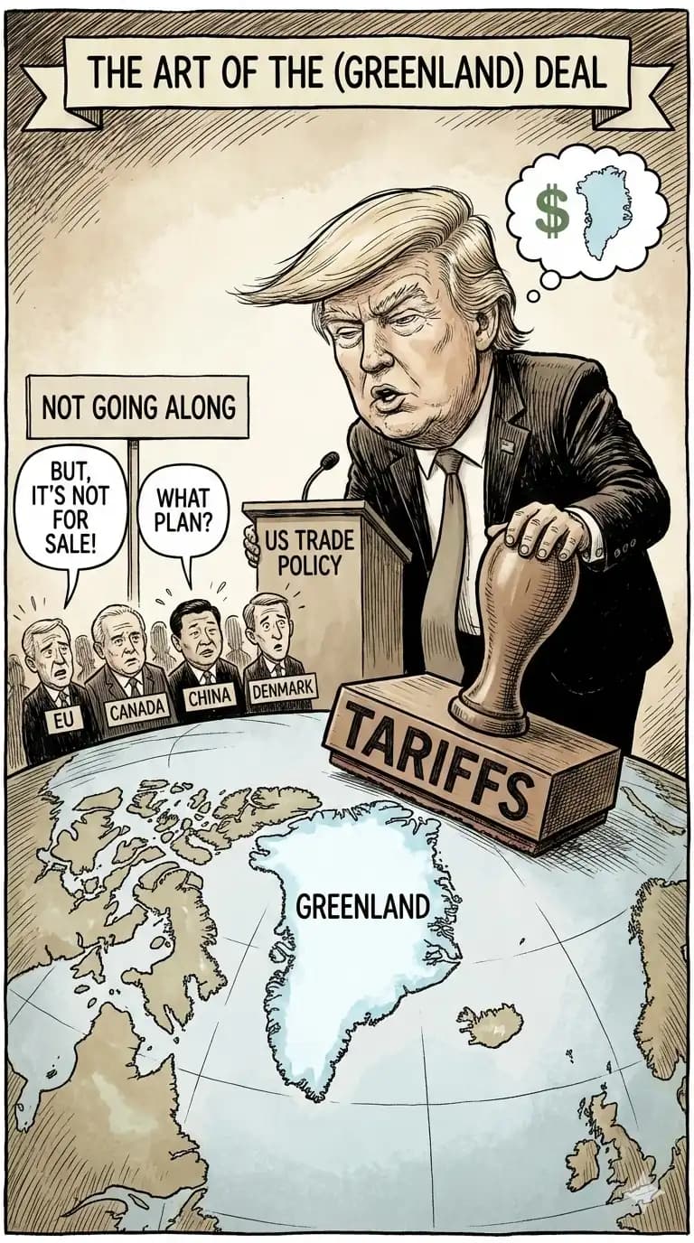 Political cartoon: Real estate mogul or world leader? The lines are blurring. 🏔️💸