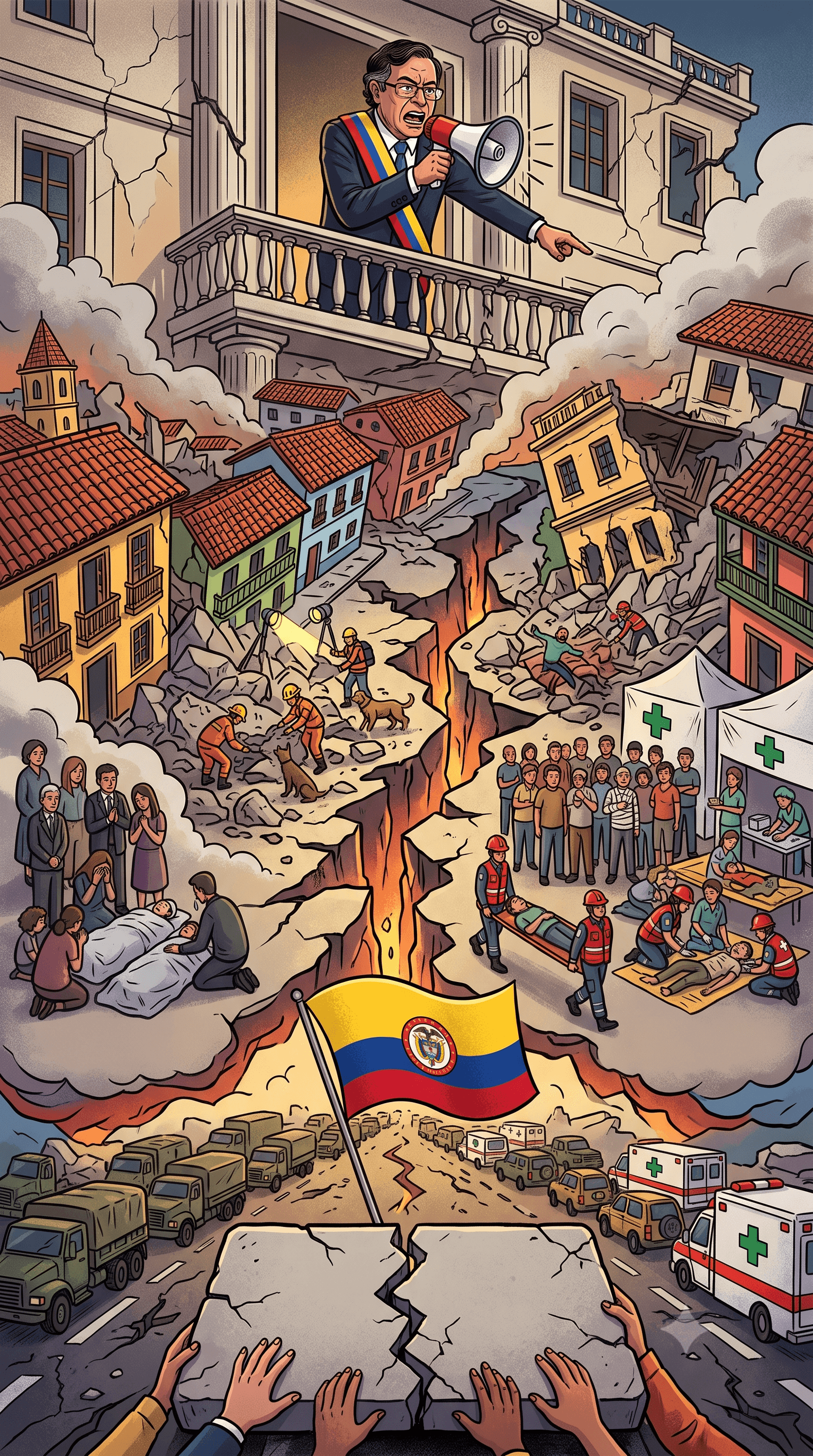 Political cartoon: 7.4-Magnitude Earthquake Devastates Colombia: 111 Killed as President Declares National Emergency