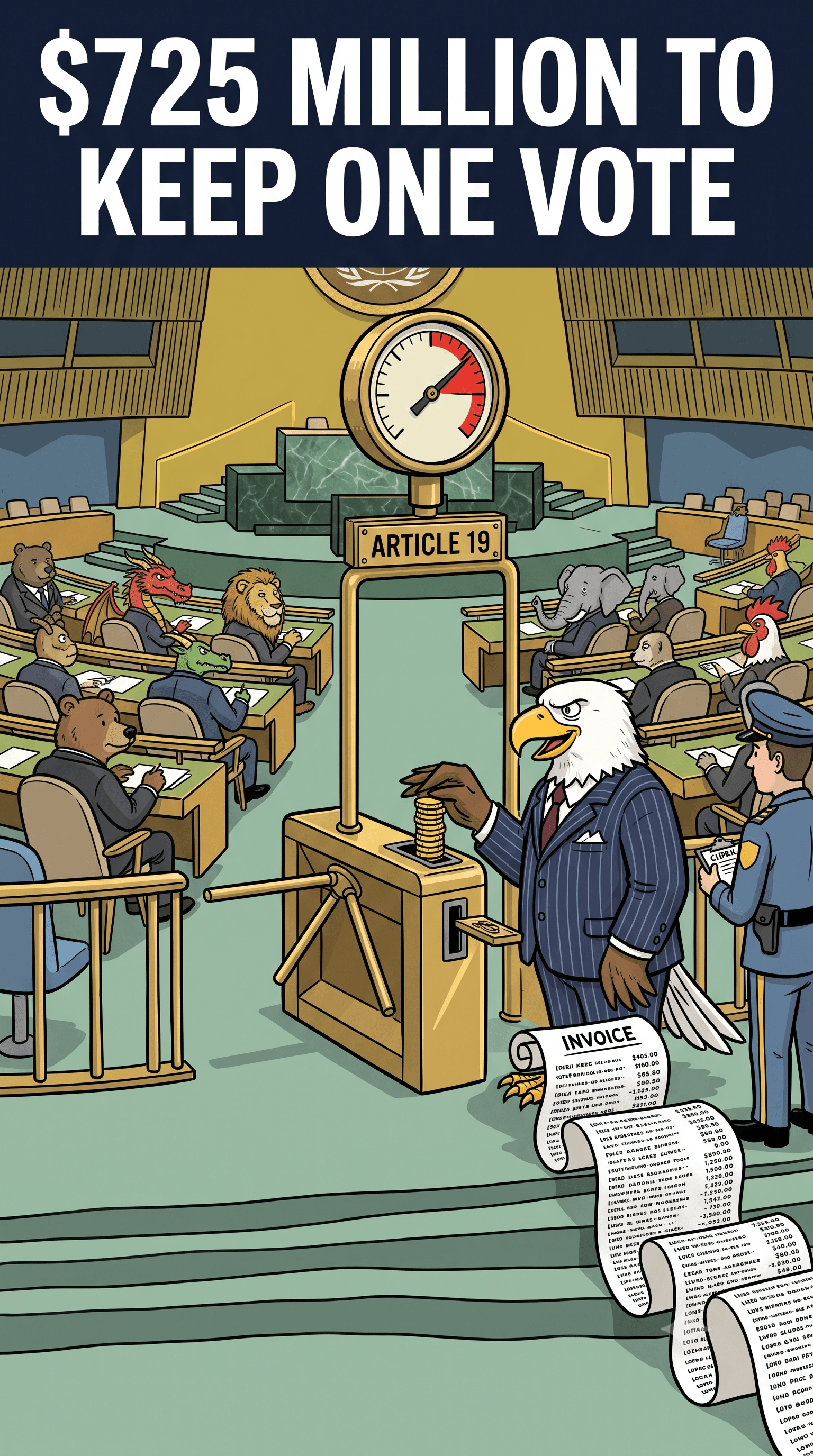 Political cartoon: Article 19 Is Two Sentences Long. It Is Why the United States Paid $725 Million This Week.