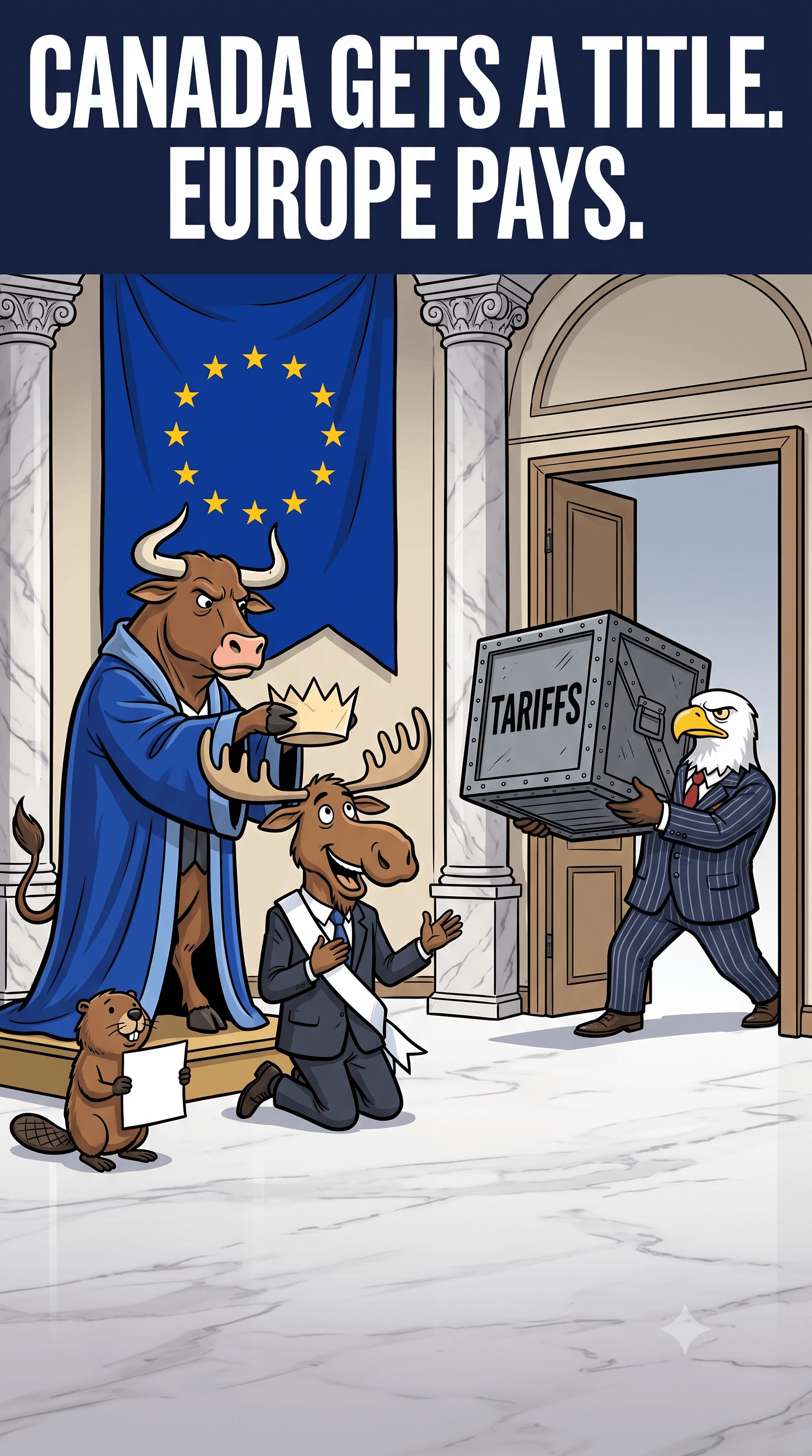 Political cartoon: Associate Membership Does Not Exist in EU Law. Here Is What Canada Would Actually Get.
