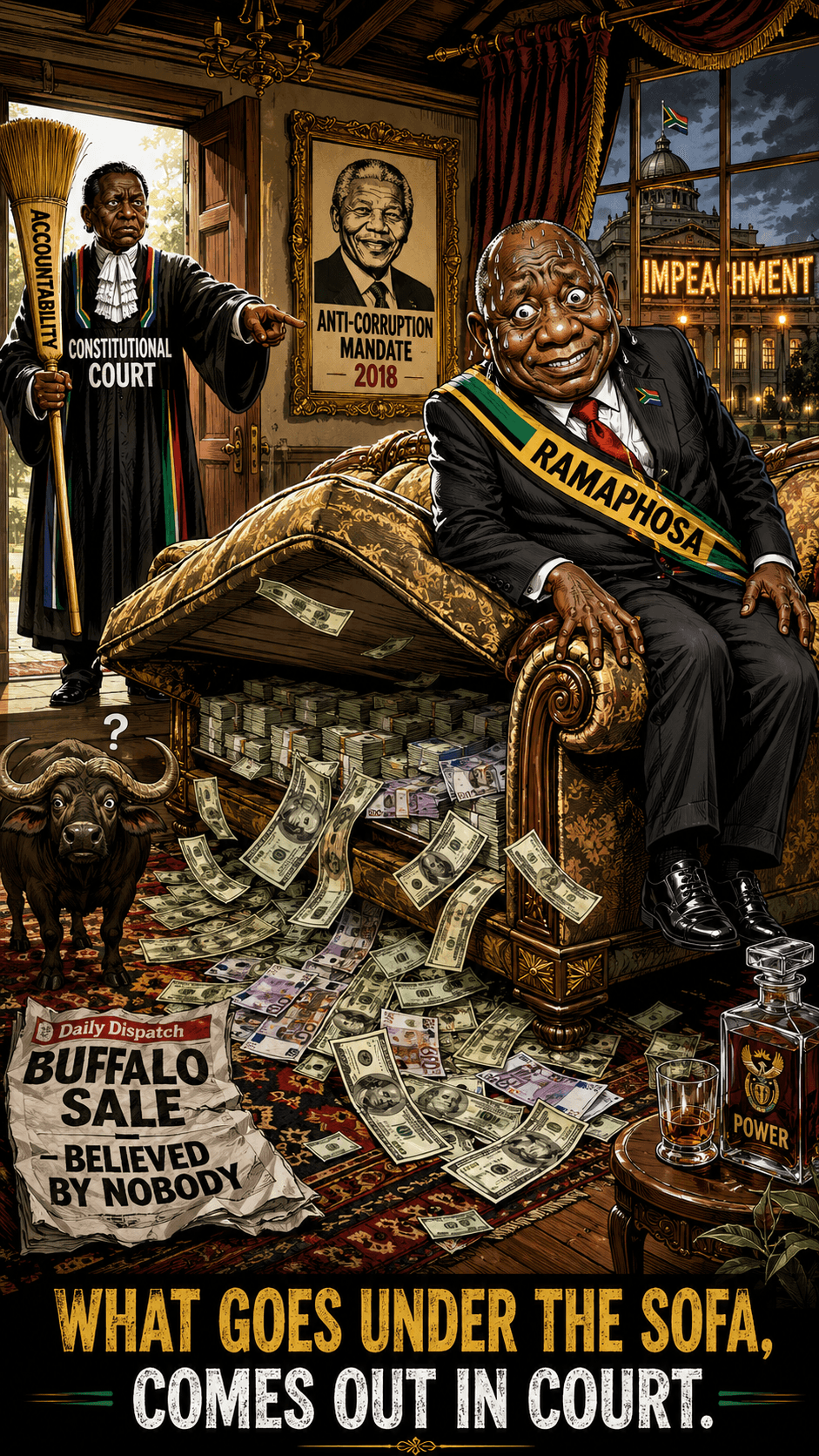 Political cartoon: Cash in the Sofa: How a 2020 Farm Burglary Put South Africa's President on the Road to Impeachment