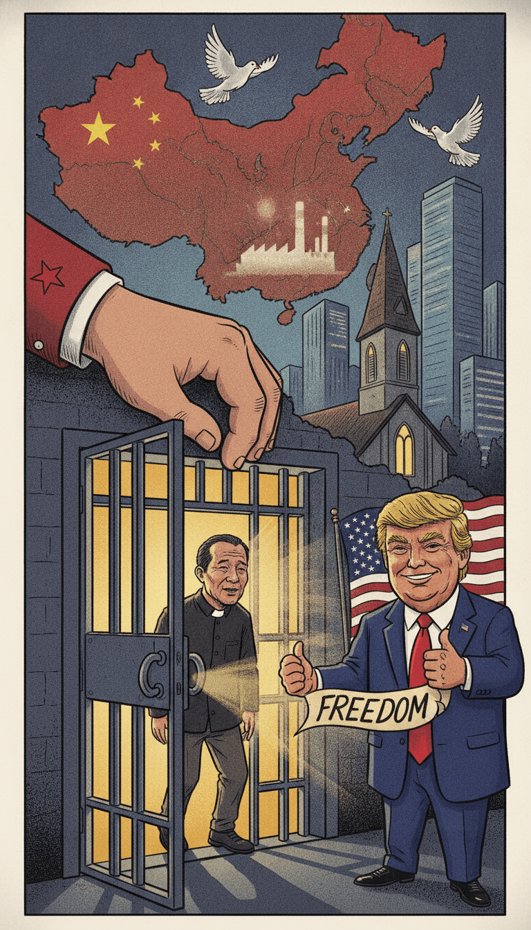 Political cartoon: China releases underground Church pastor Ezra Jin Mingri months after Trump sought his freedom