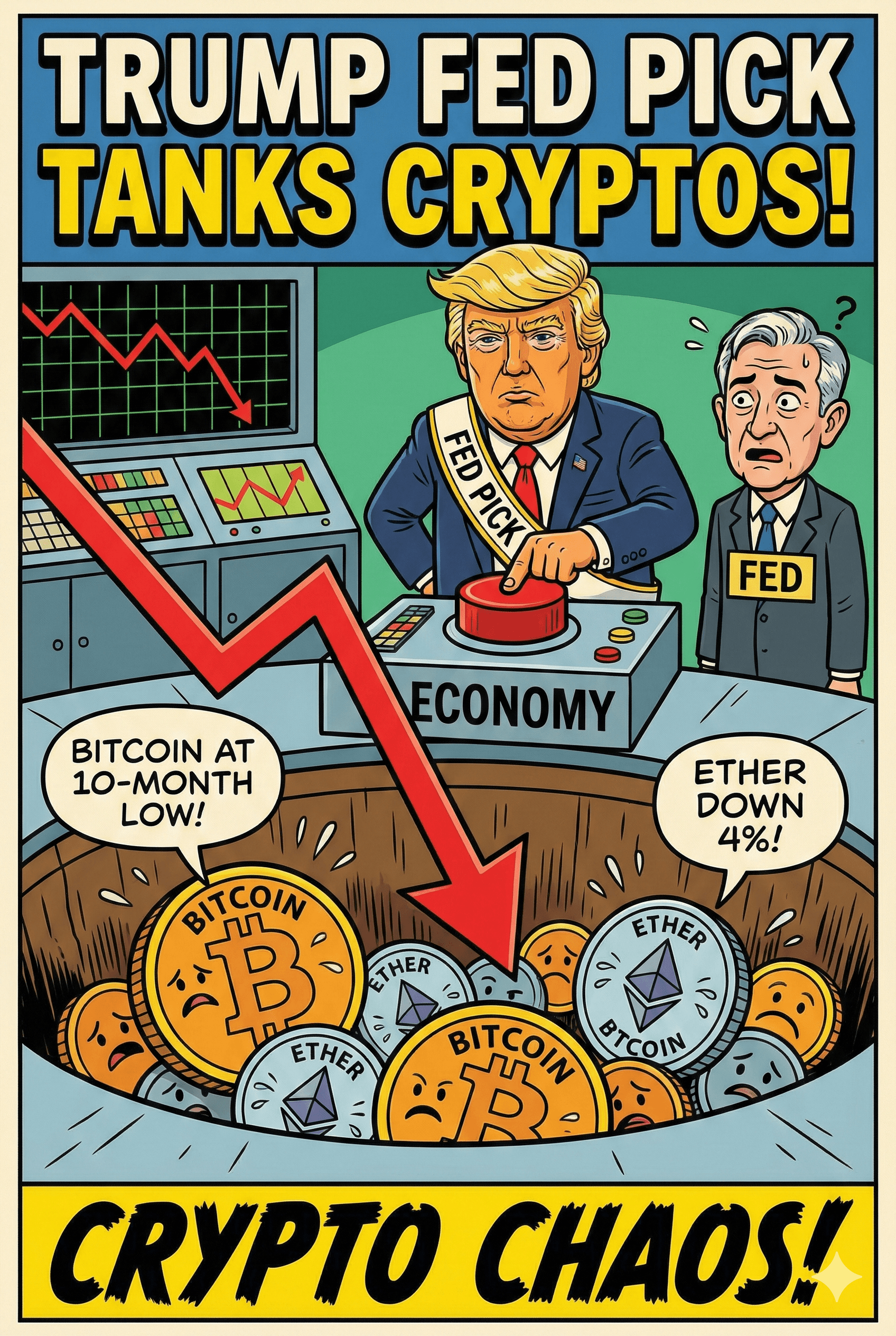Political cartoon: Crypto Markets Recoil: Trump’s Fed Pick Sends Bitcoin to 10-Month Low as “Warsh Woes” Hit Risk Assets