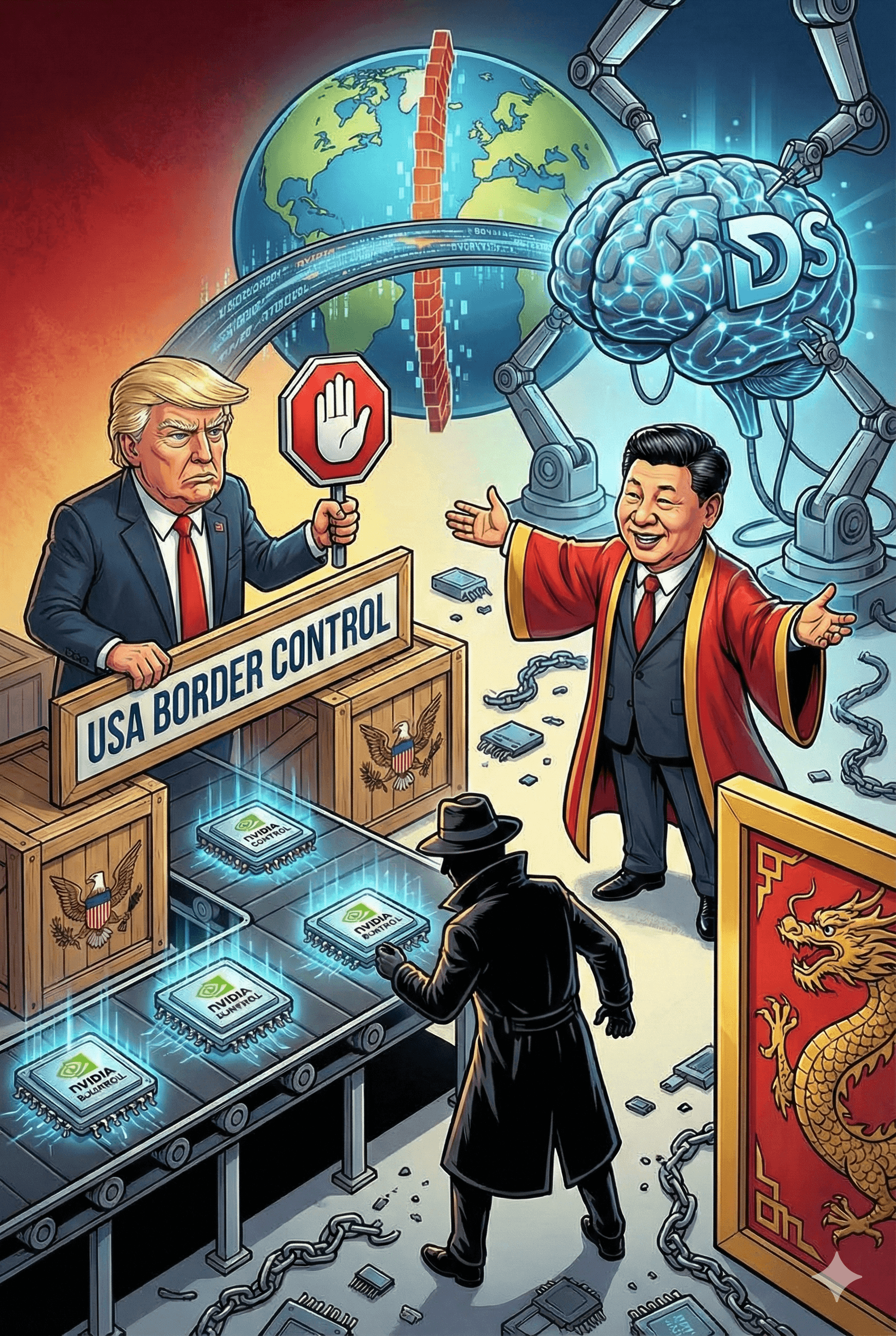 Political cartoon: DeepSeek Trains New AI Model on Banned Nvidia Blackwell Chips, Defying US Export Controls