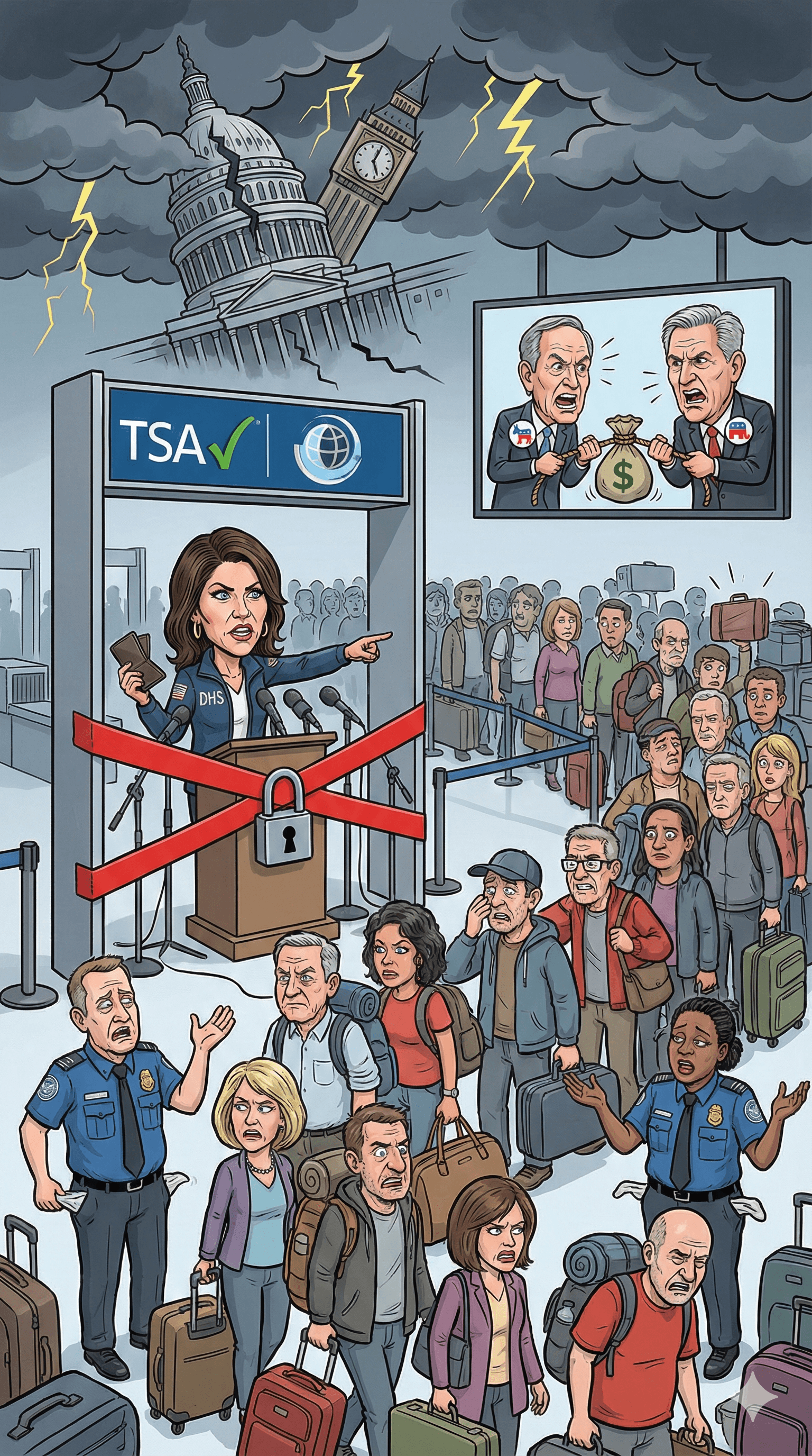 Political cartoon: DHS Suspends Global Entry as Partial Government Shutdown Drags On; TSA PreCheck Reinstated After Backlash