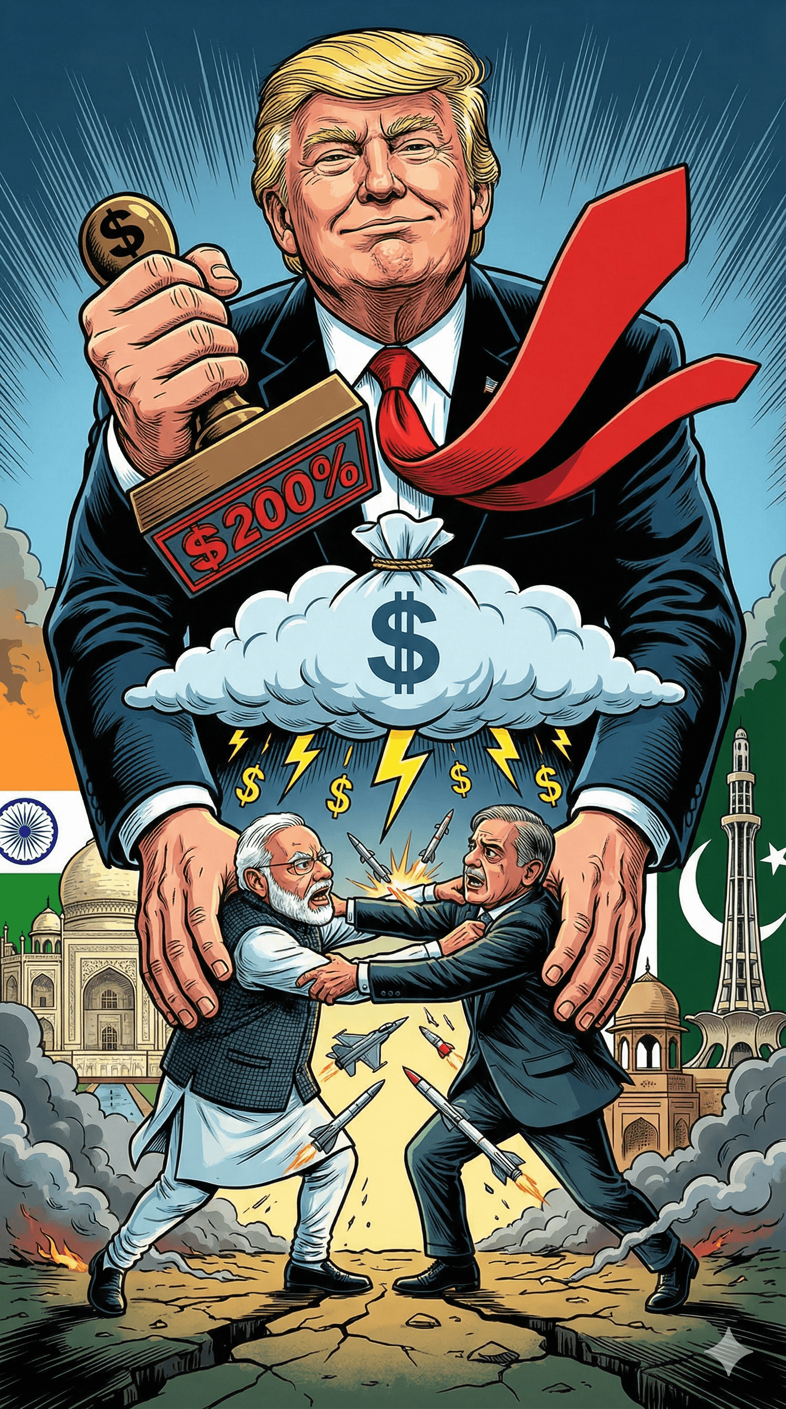 Political cartoon: Donald Trump Claims 200% Tariff Warning Forced India and Pakistan to Stop Fighting