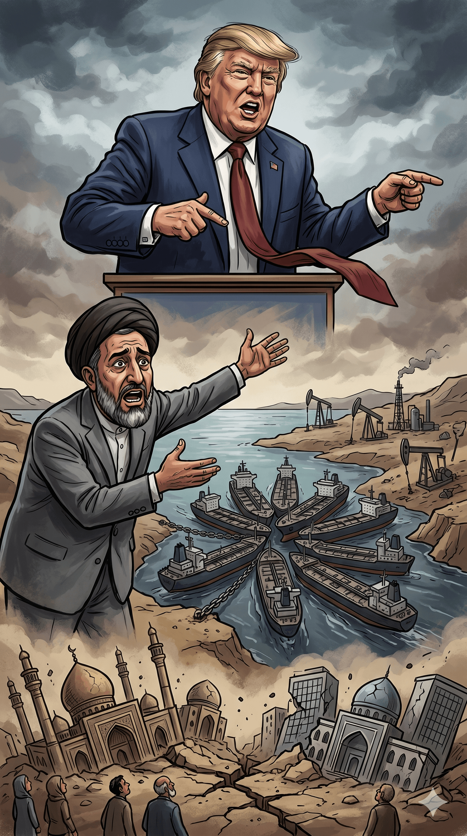 Political cartoon: Donald Trump Claims Iran in 'State of Collapse,' Says Tehran Wants US to Reopen Strait of Hormuz Amid Standoff
