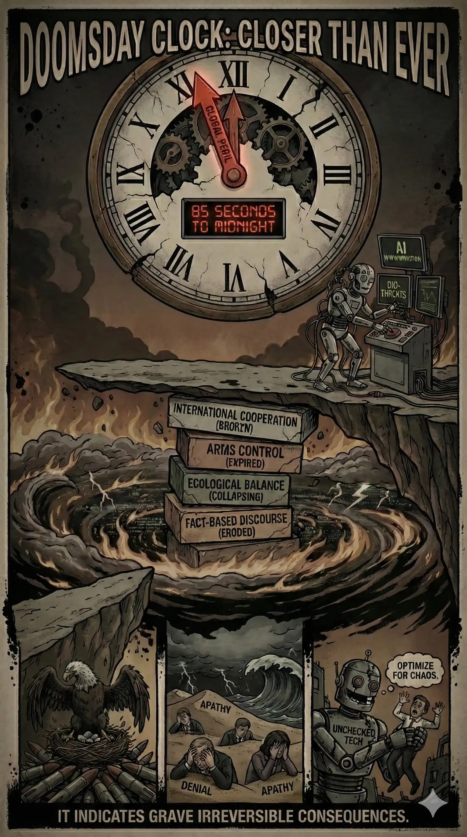 Political cartoon: Doomsday Clock 2026: Why Humanity Is Now 85 Seconds from Midnight – The Closest Ever