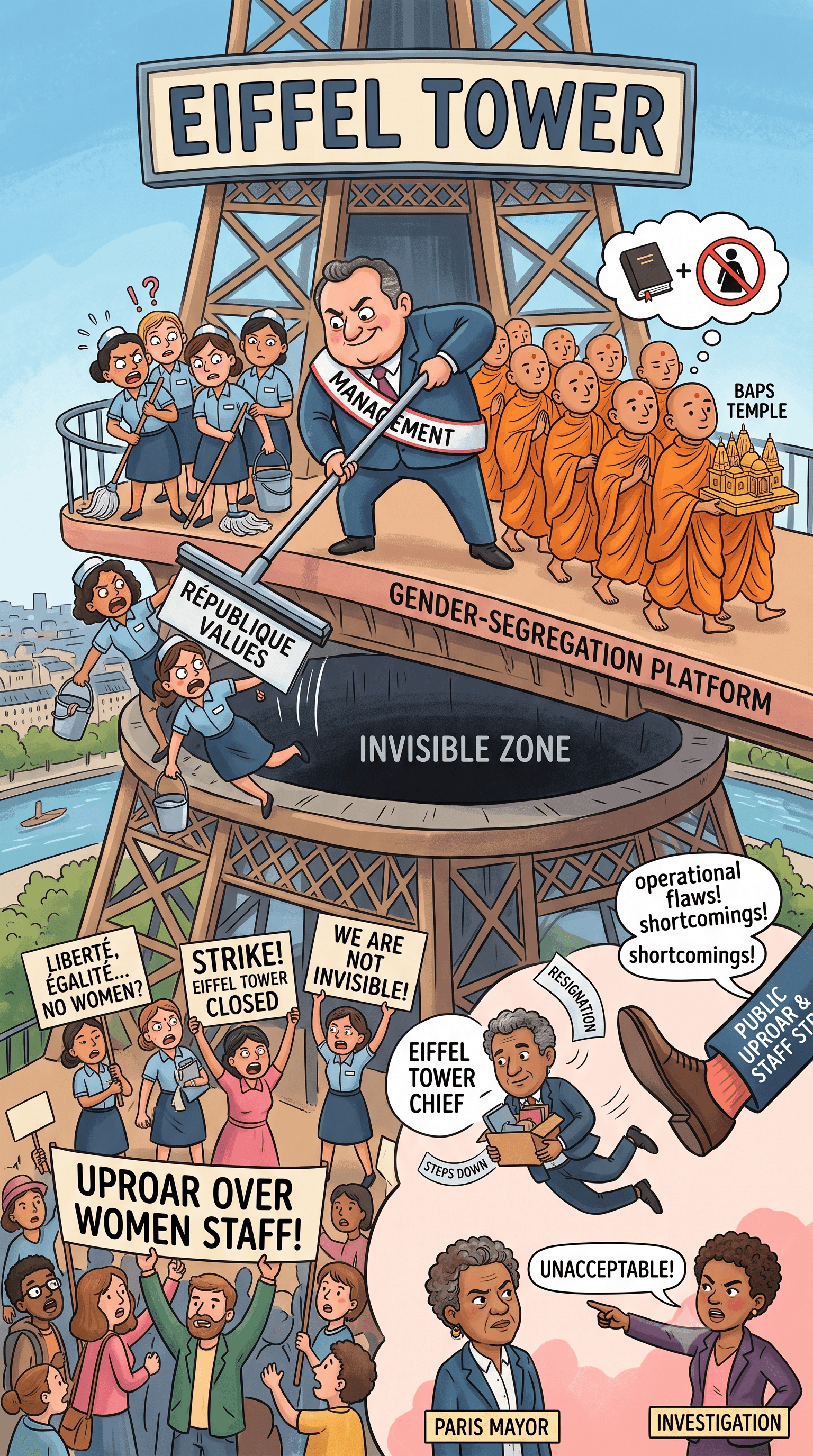 Political cartoon: Eiffel Tower Chief to Step Down Following Controversy Over Sidelining of Women Staff During BAPS Visit
