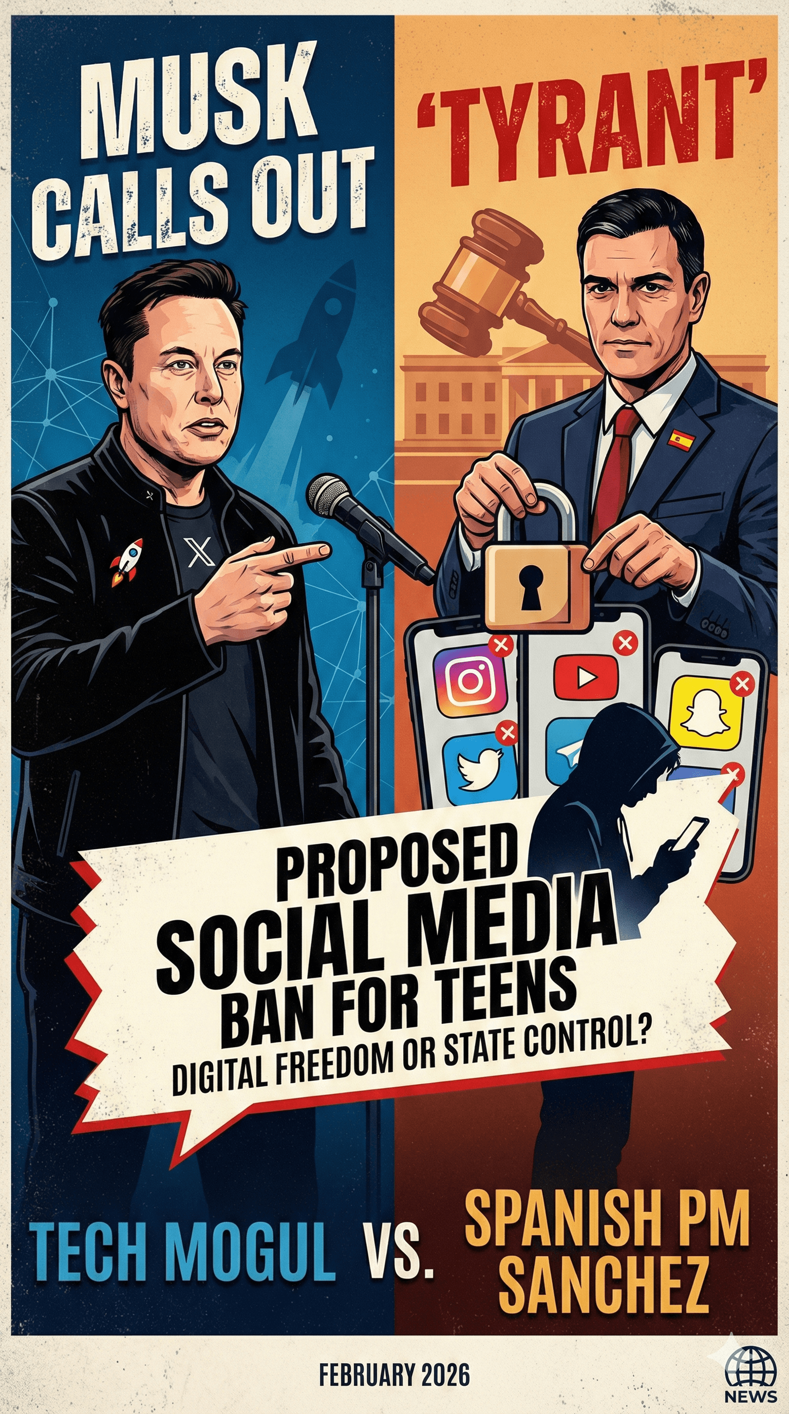 Political cartoon: Elon Musk Calls Spanish PM Sánchez a 'Tyrant' Over Proposed Social Media Ban for Teens