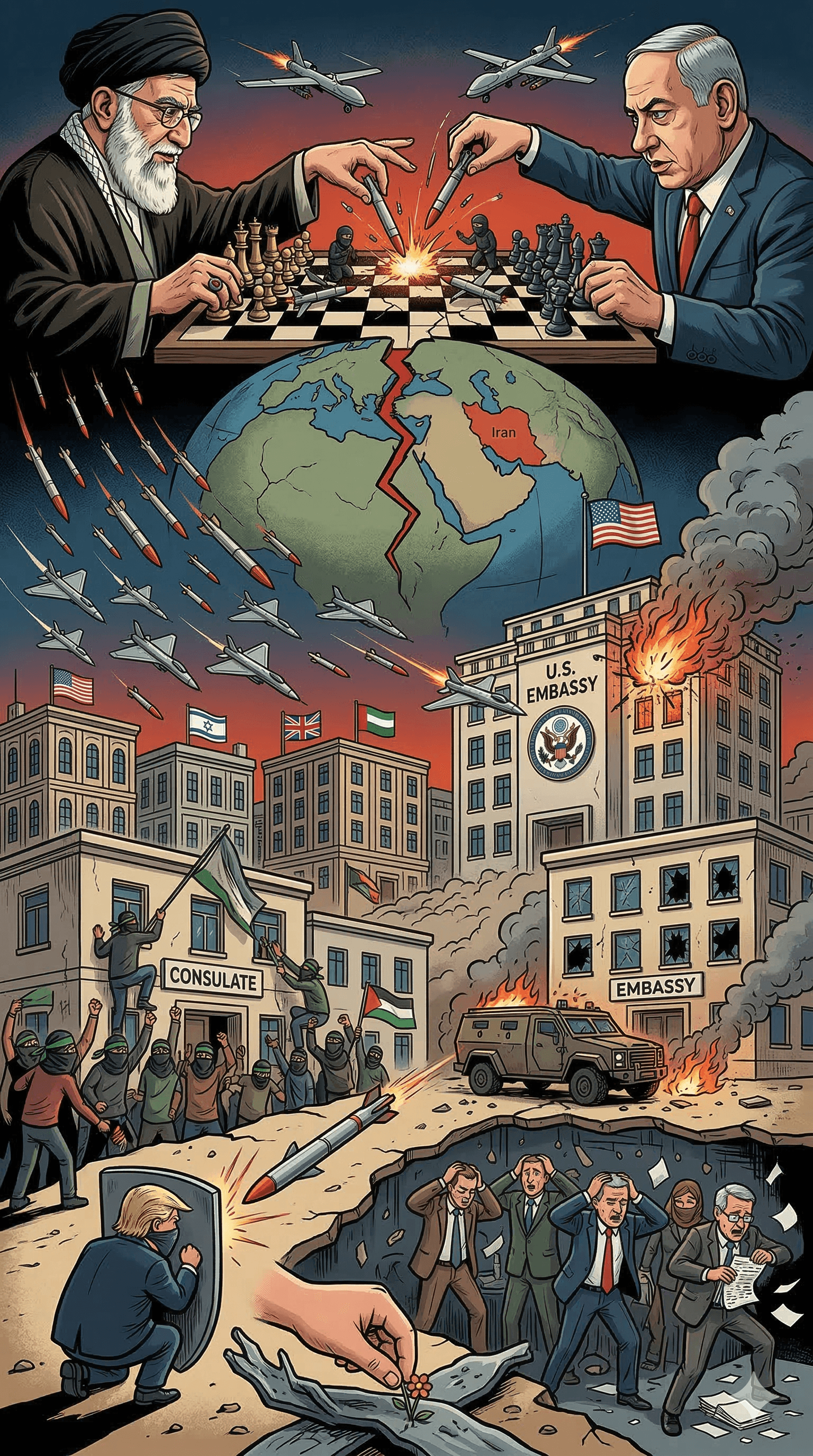 Political cartoon: Embassies Under Attack in the Iran War: How Diplomatic Missions Are Becoming Targets