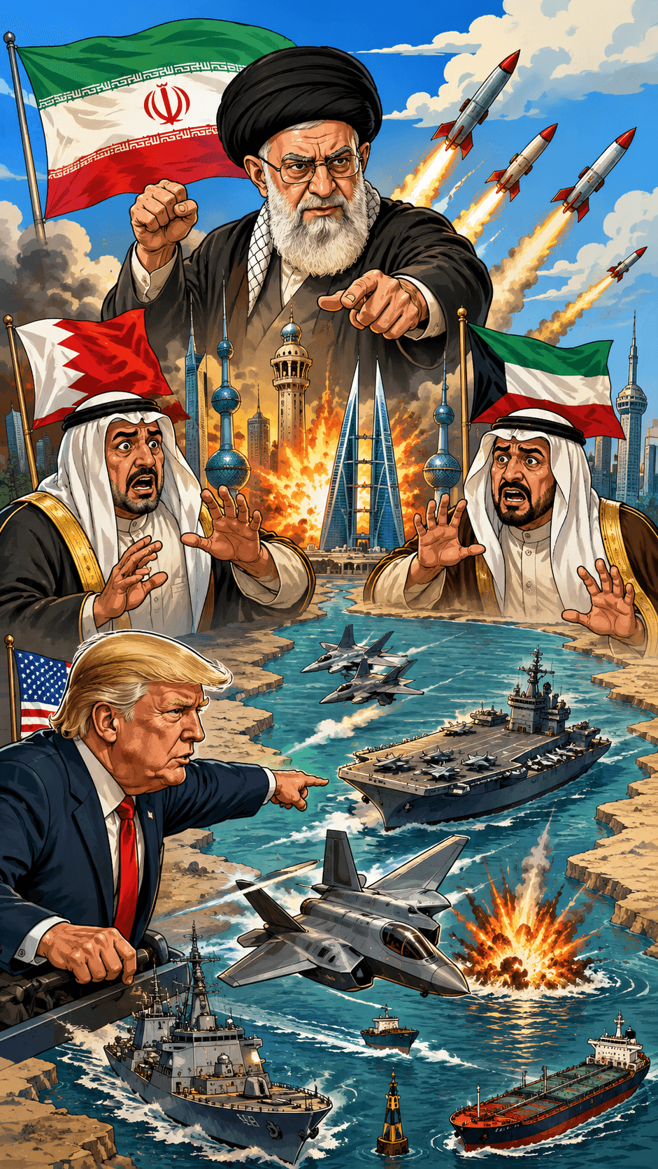 Political cartoon: Escalation in Gulf: Iran Strikes Bahrain, Kuwait Amid US Hormuz Action