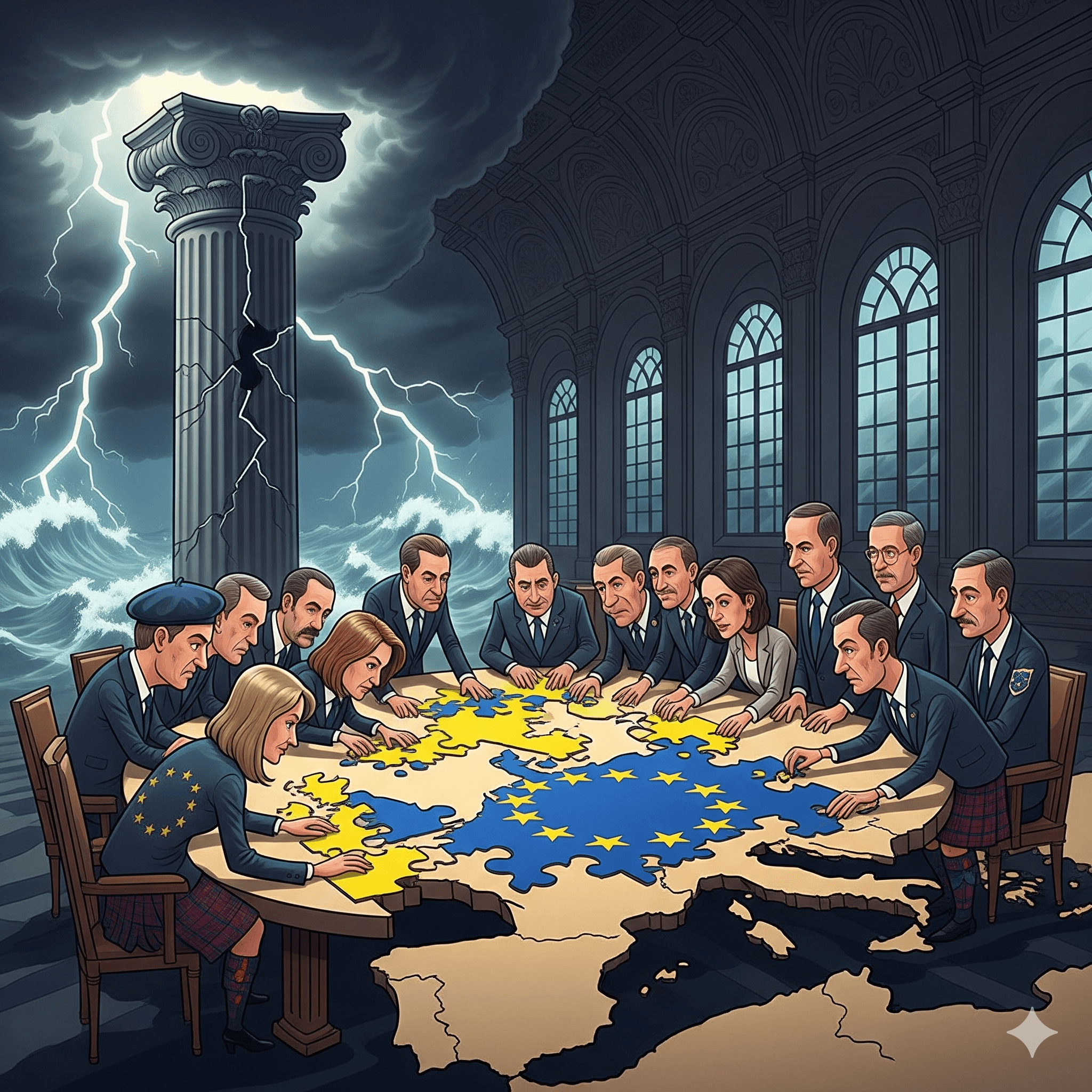 Political cartoon: EU Leaders Scramble for Unity as Economic and Geopolitical Storms Gather Over Europe