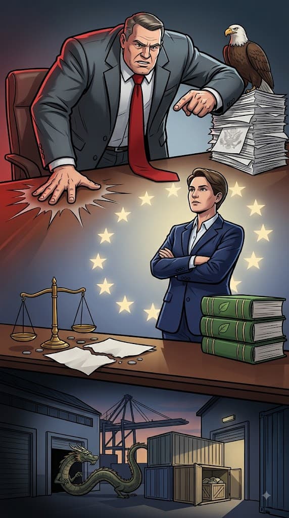Political cartoon: EU Stands Firm as U.S. Demands Overhaul of Green Regulations and Alleges Chinese Tariff Evasion