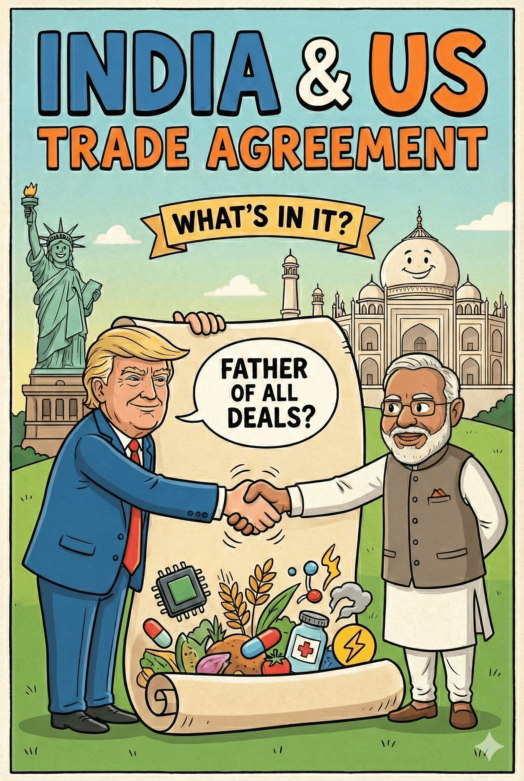 Political cartoon: "Father of All Deals": Inside the Historic India-US Trade Agreement 🇮🇳🇺🇸