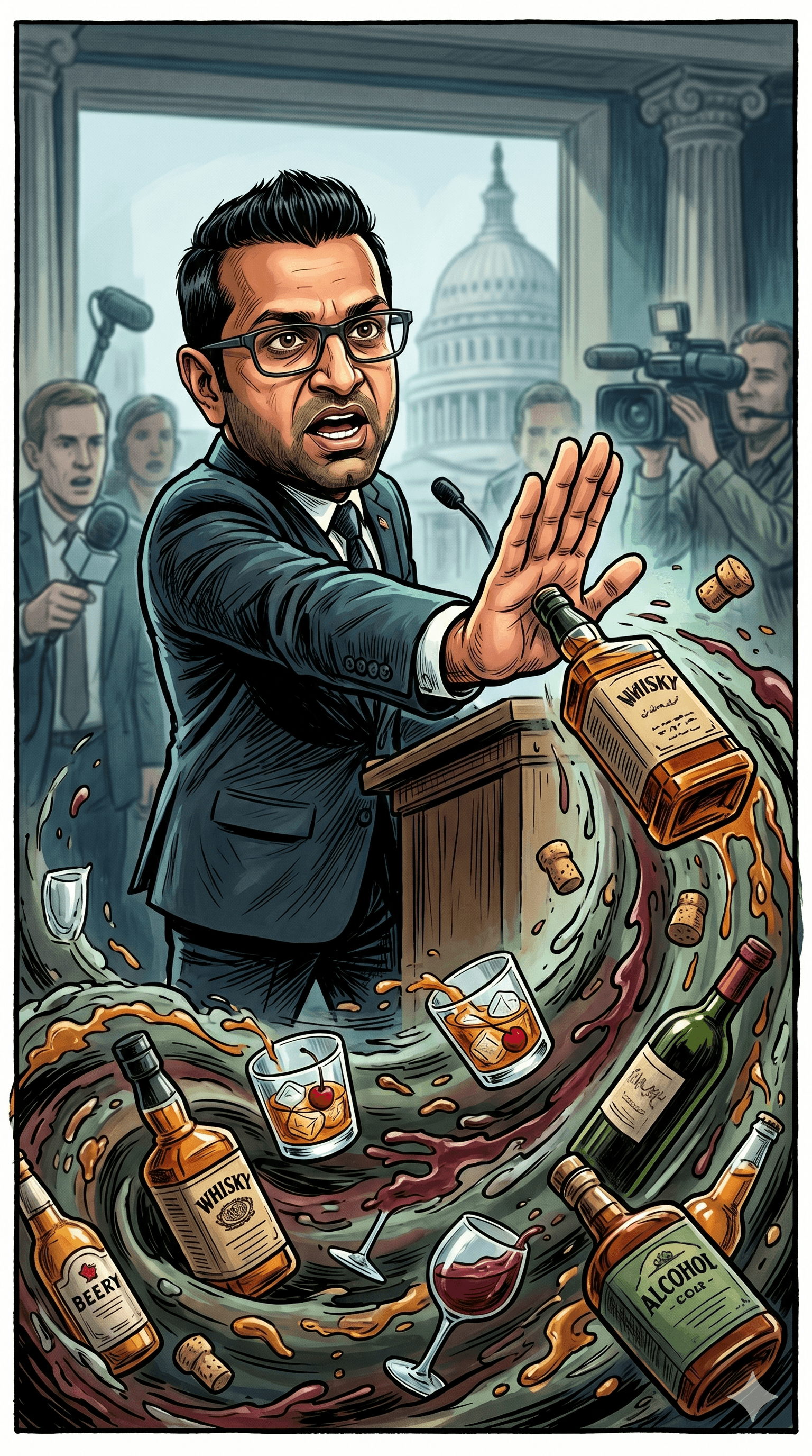 Political cartoon: FBI Director Kash Patel Denies Drinking Allegations: "I've Never Been Intoxicated on the Job"