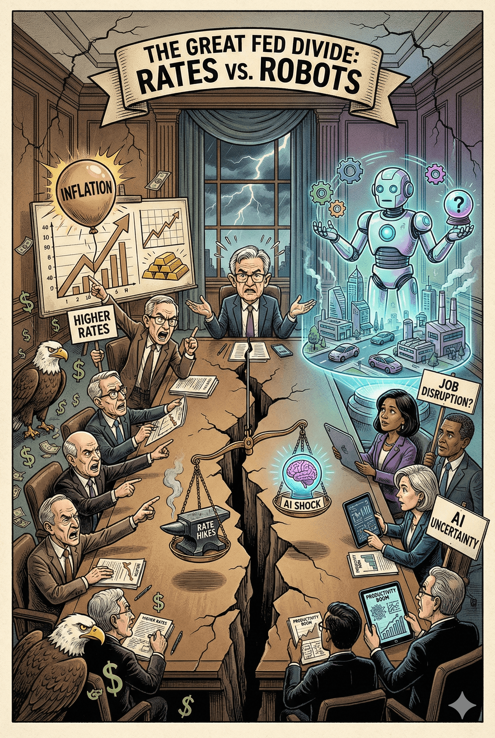 Political cartoon: Fed Minutes Expose Policy Rift as Officials Weigh Rate Path and AI’s Economic Disruption