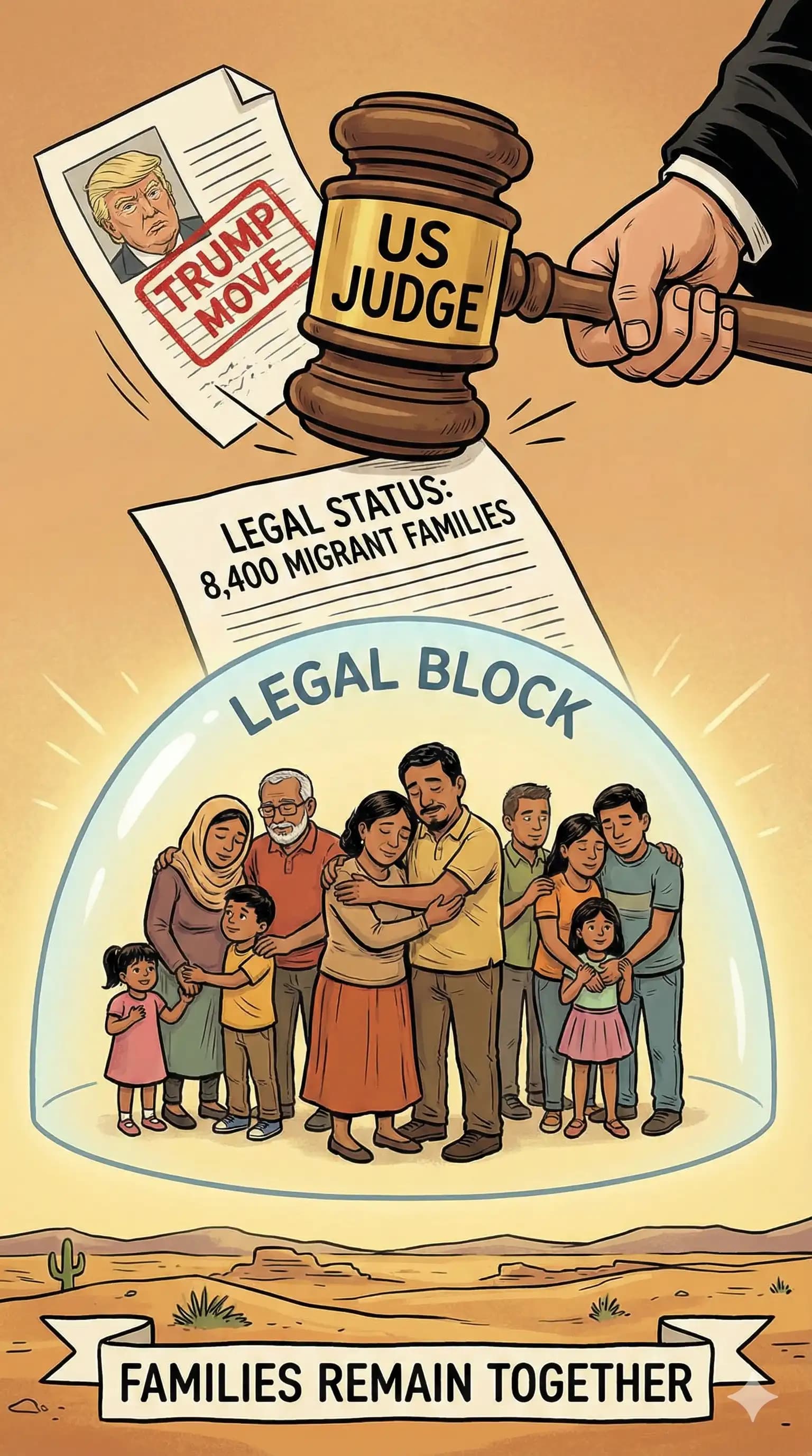 Political cartoon: Federal Judge Blocks Trump Administration's Move to End Legal Status for 8,400 Migrant Family Members