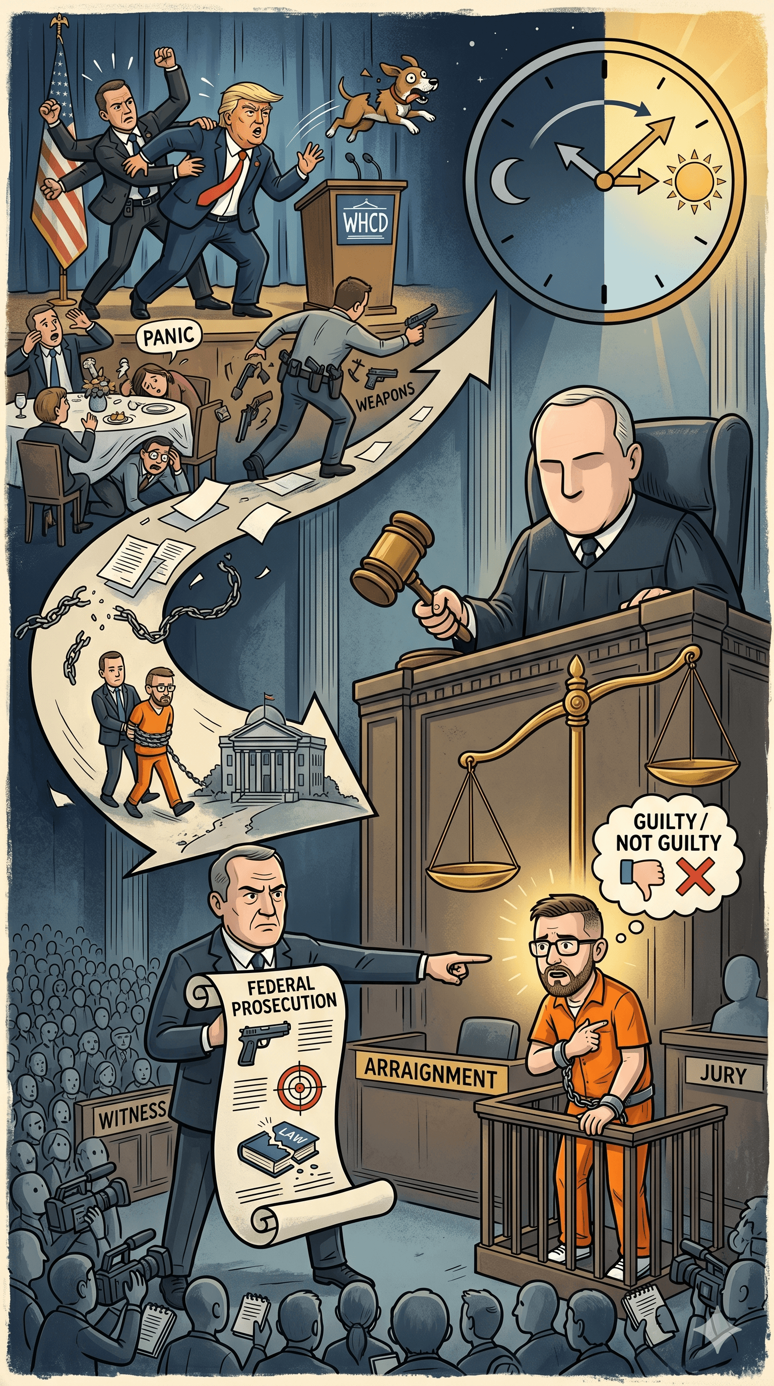 Political cartoon: Federal Prosecutor: White House Correspondents' Dinner Shooting Suspect to Be Arraigned Monday