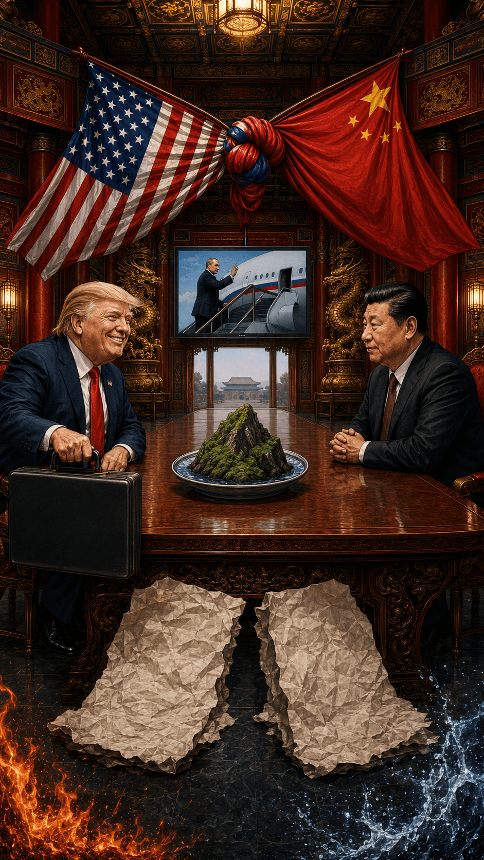 Political cartoon: Fire and Water: Xi Jinping's Taiwan Warning to Trump That Shook the Beijing Summit
