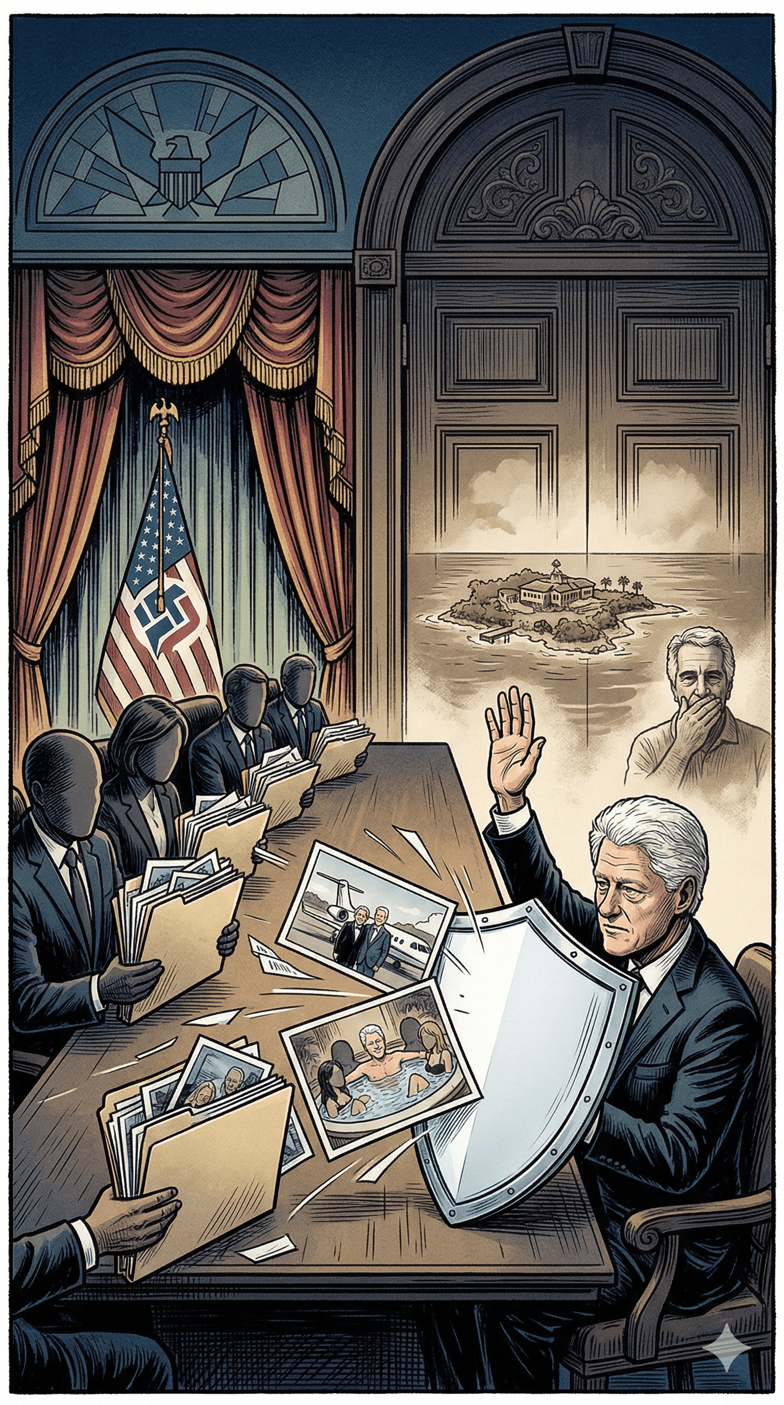 Political cartoon: Former President Bill Clinton Denies Wrongdoing in Jeffrey Epstein Probe During Congressional Testimony