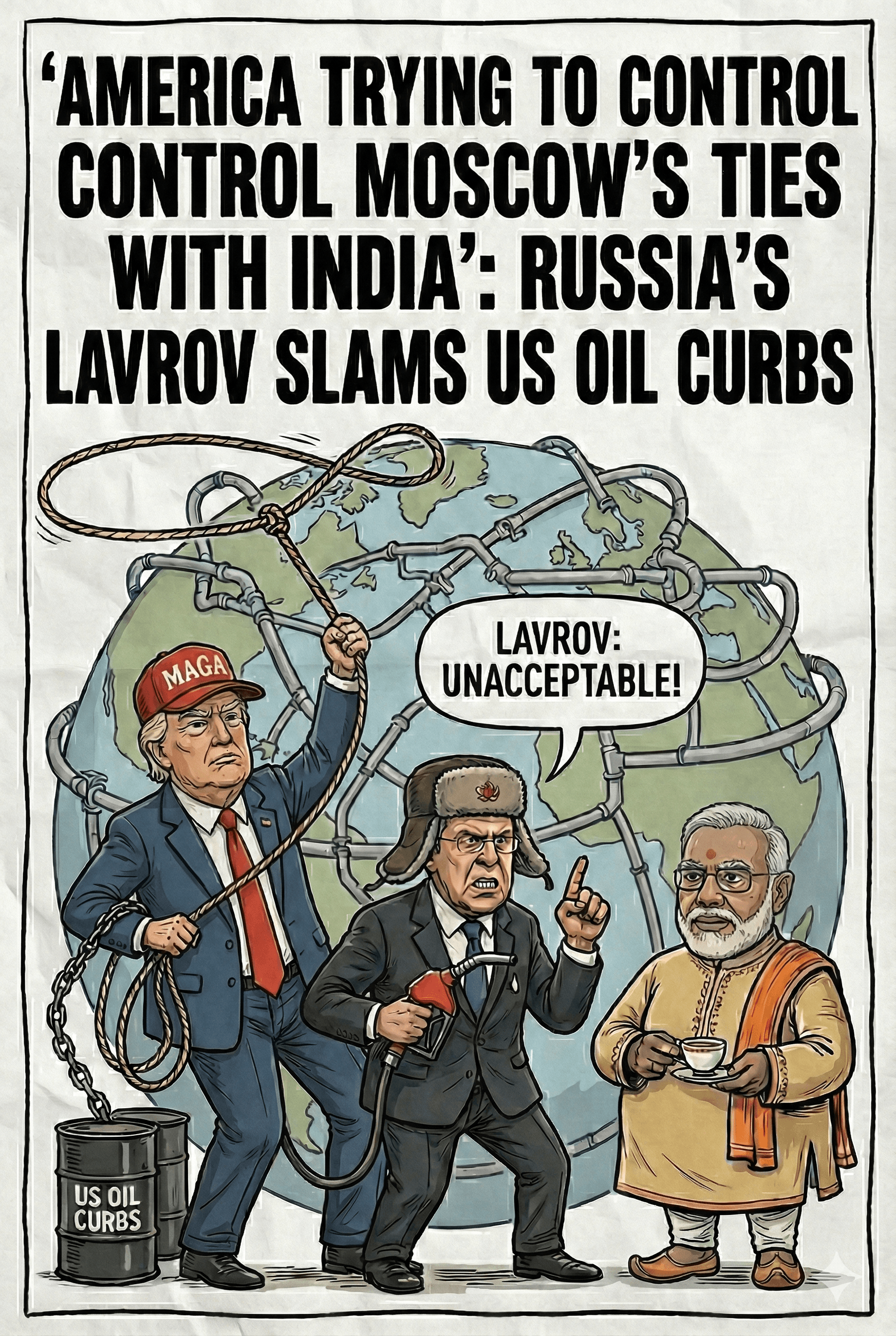Political cartoon: 🛢️ Geopolitical Tug-of-War: Russia’s Lavrov Slams US "Oil Curbs" as Attempt to Control India Ties 🇮🇳🇷🇺🇺🇸