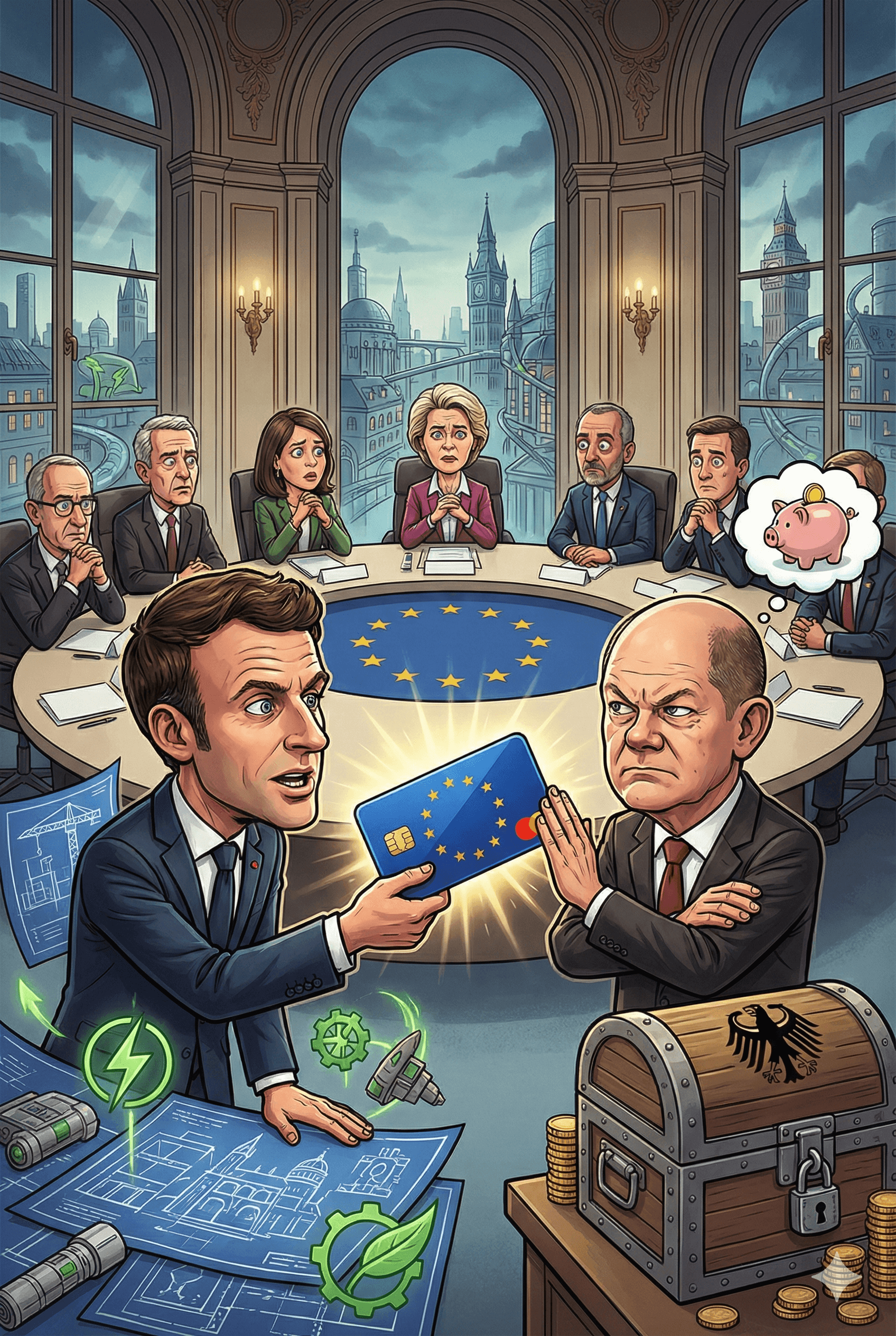 Political cartoon: Germany Rejects Macron’s Push for Joint EU Debt as ‘Distraction’ Ahead of Critical Summit