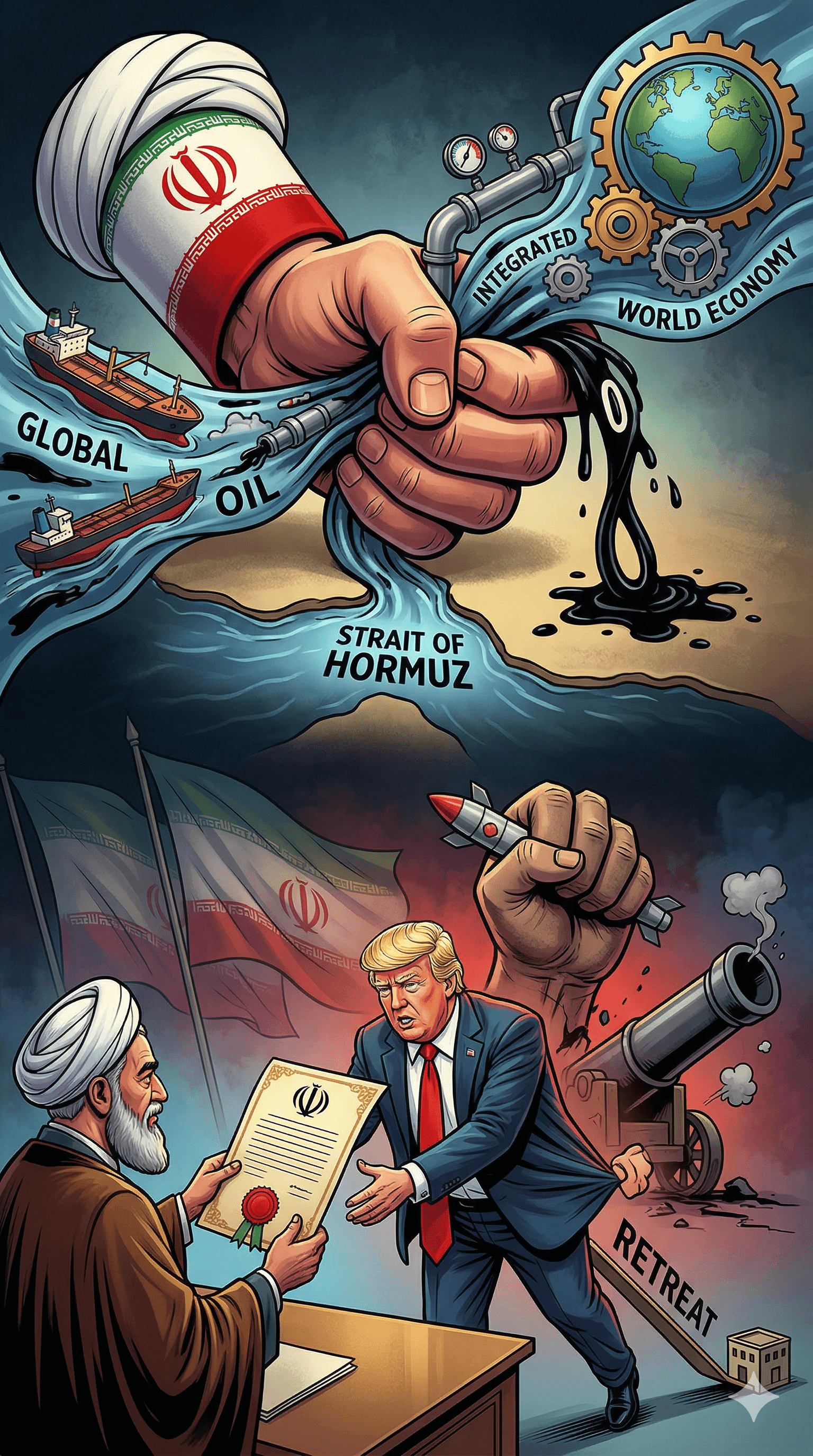 Political cartoon: Global Economy in a Chokehold: Trump Rejects Iran’s Ceasefire Terms Amid Strait of Hormuz Crisis