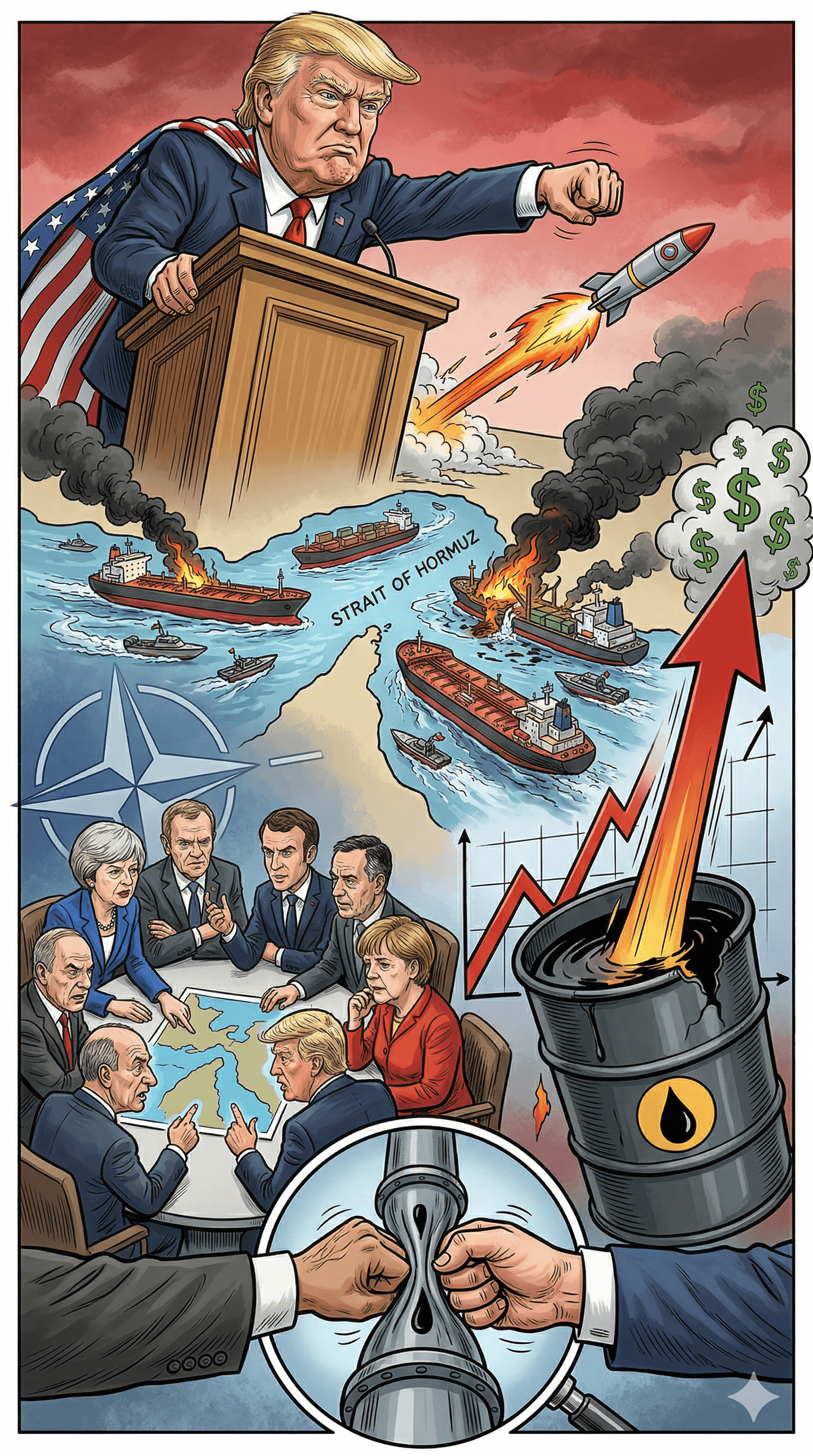 Political cartoon: Global Oil Prices Surge as Allies Convene on Hormuz Blockade Following Trump’s Vow to Escalate Iran Attacks