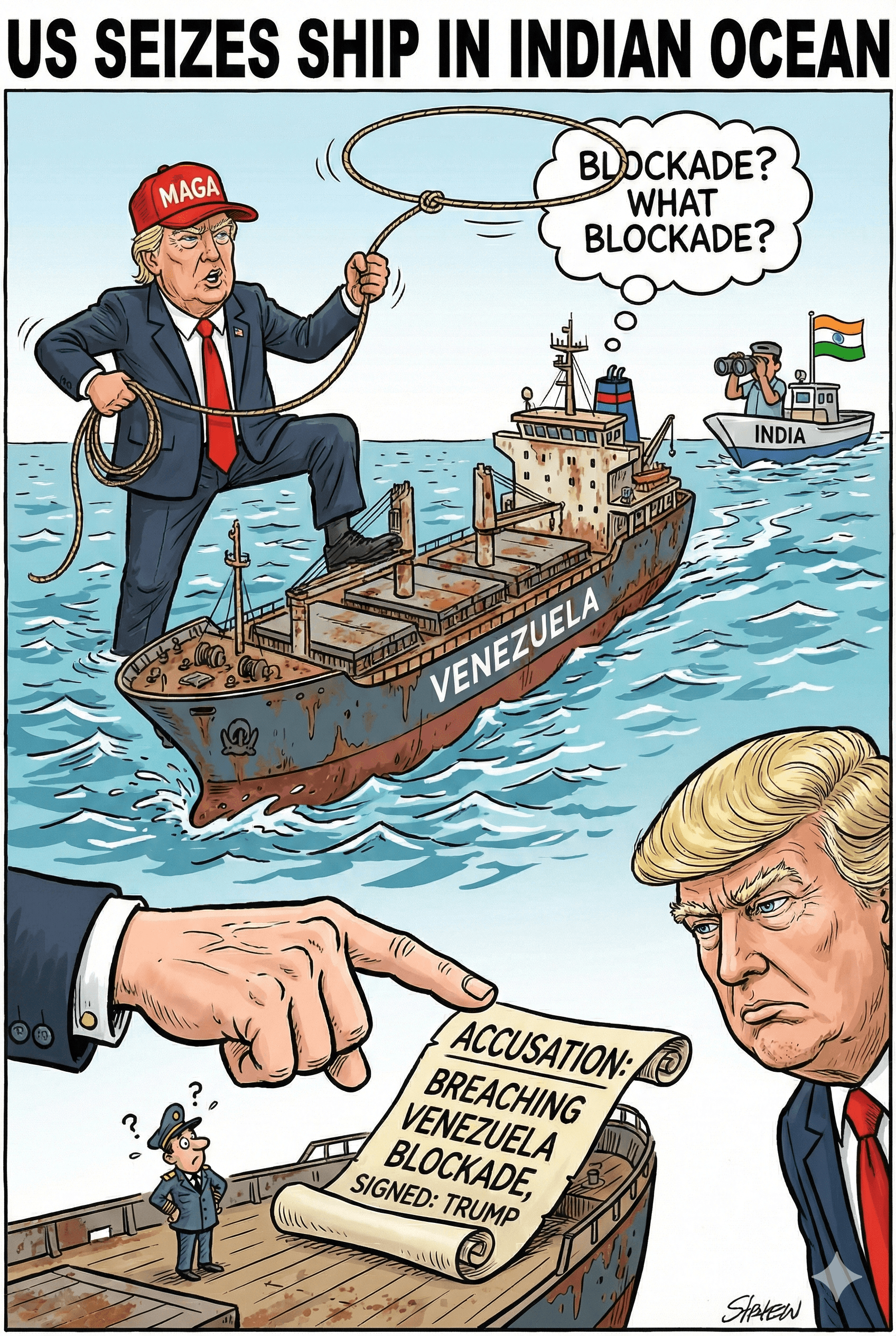 Political cartoon: Global Reach: US Forces Seize Merchant Vessel in Indian Ocean Over Venezuela Blockade Violation