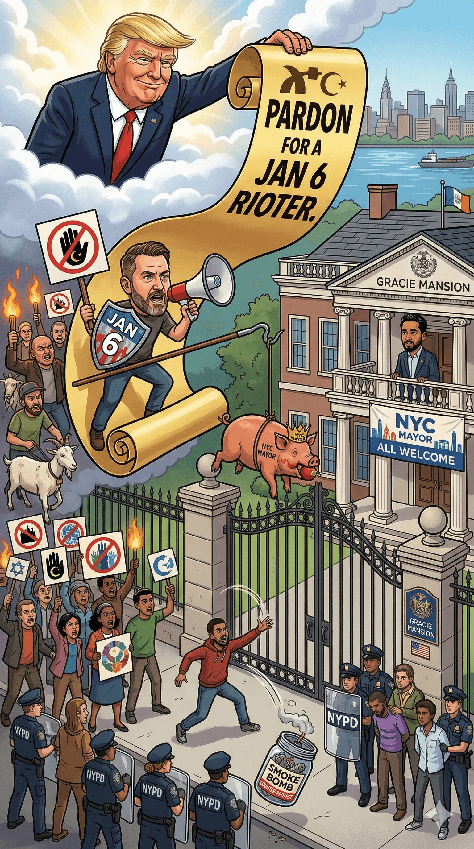 Political cartoon: Gracie Mansion Chaos: Explosive Devices Thrown During Anti-Islam Protest Led by Pardoned Jan. 6 Rioter Jake Lang