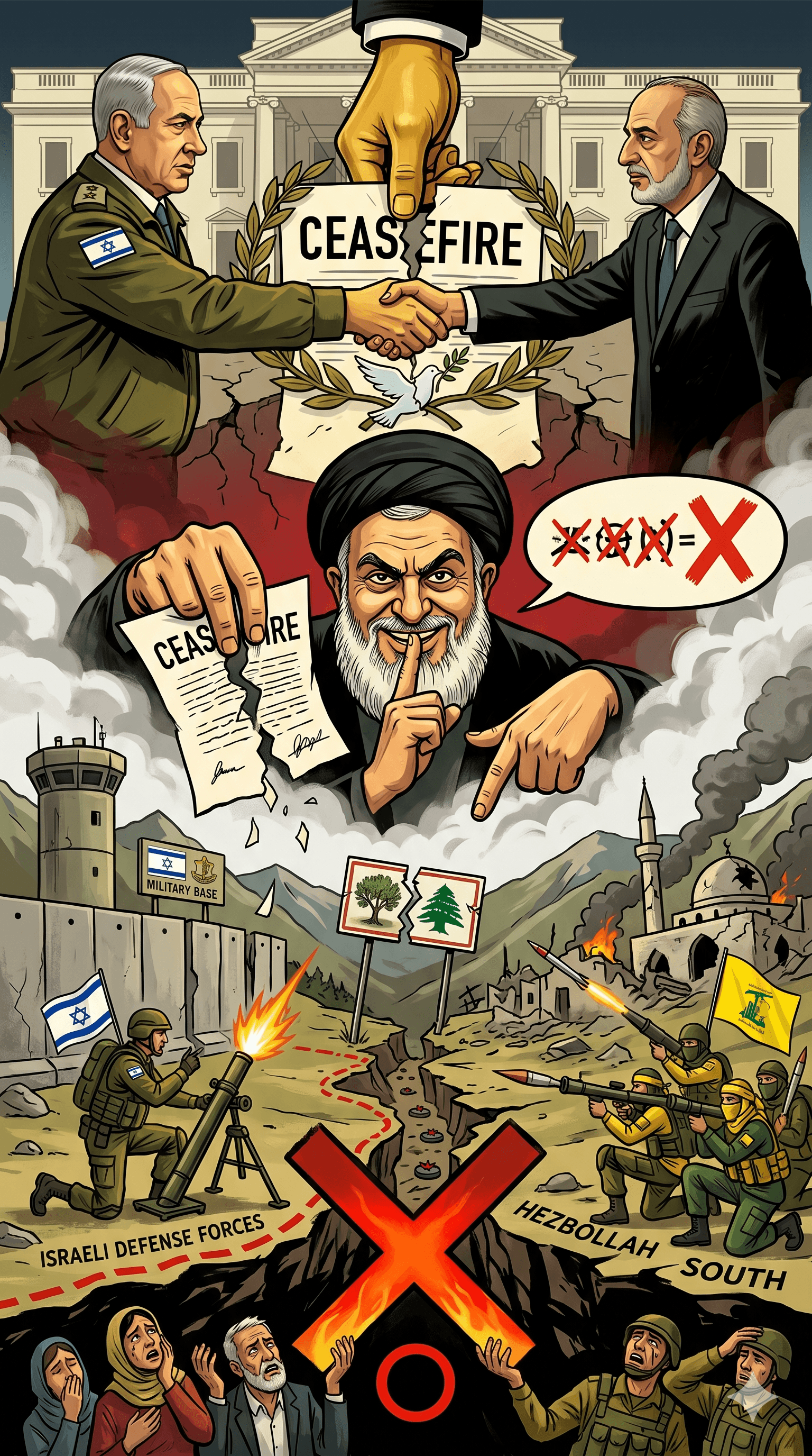 Political cartoon: Hezbollah Labels Israel-Lebanon Ceasefire ‘Meaningless’ Amid Surging Violence in the South