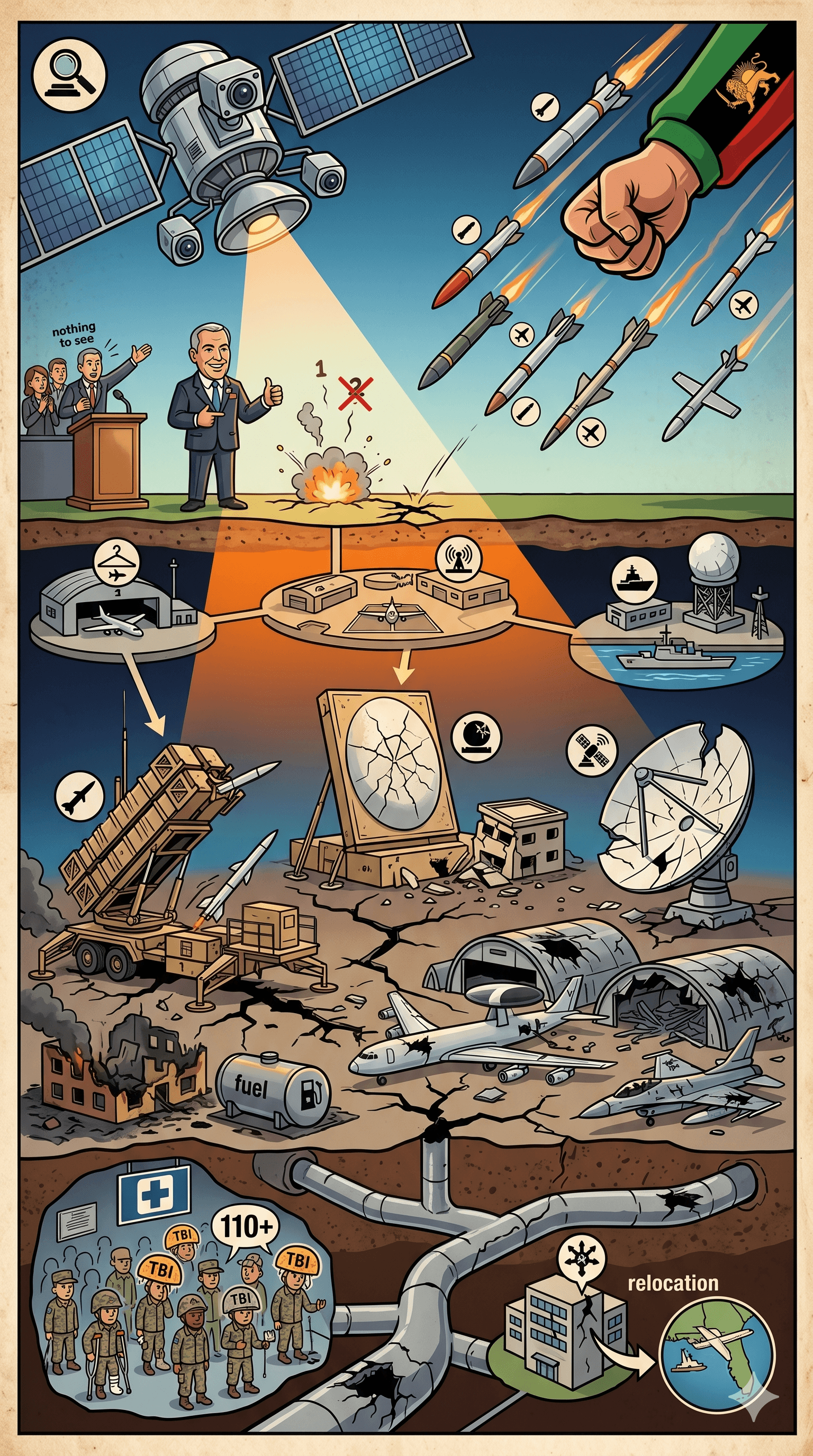 Political cartoon: Hidden Damage: Satellite Analysis Shows Wider Impact of Iranian Attacks on US Bases