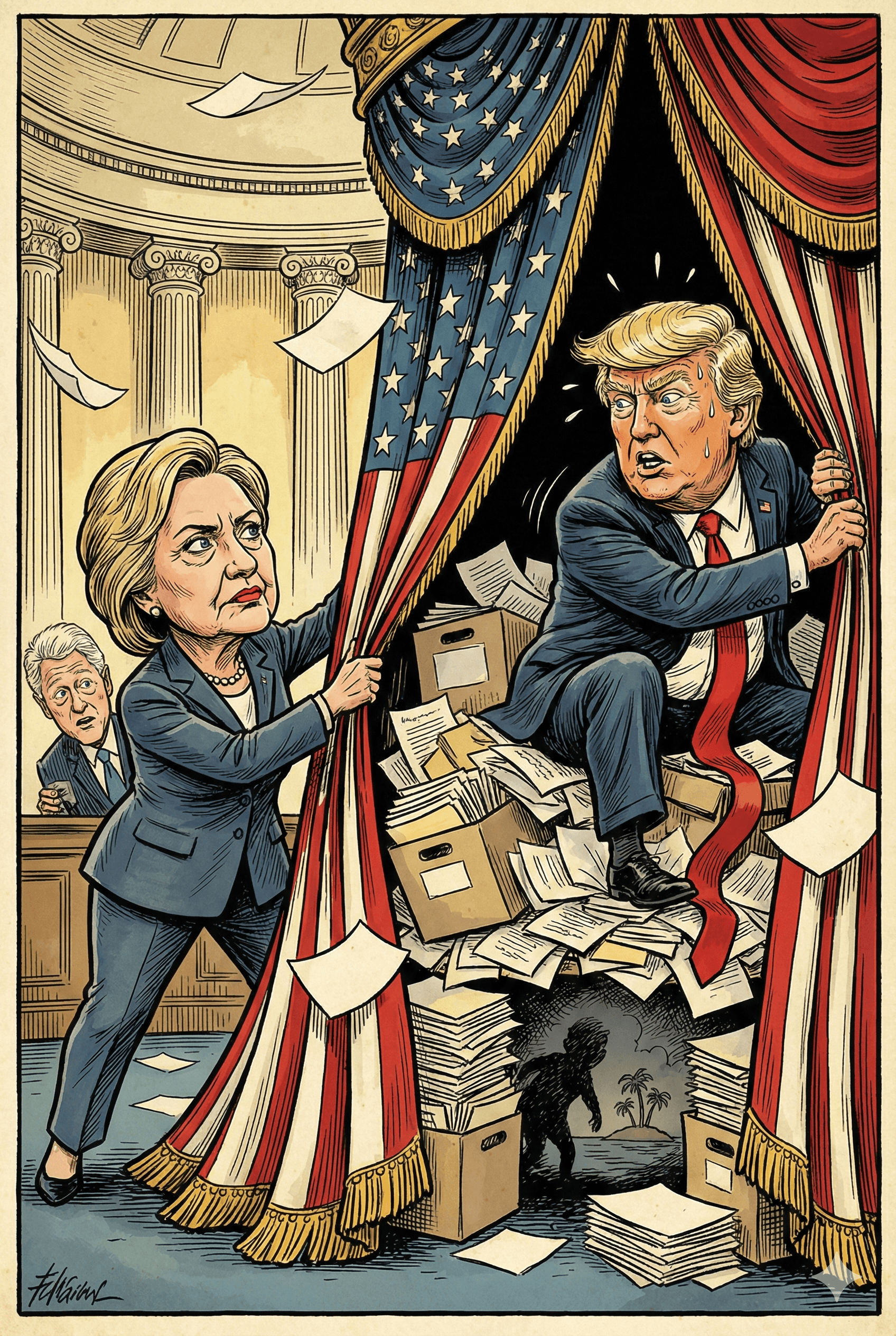 Political cartoon: Hillary Clinton Accuses Trump of ‘Cover-Up’ in Explosive Epstein Files Dispute
