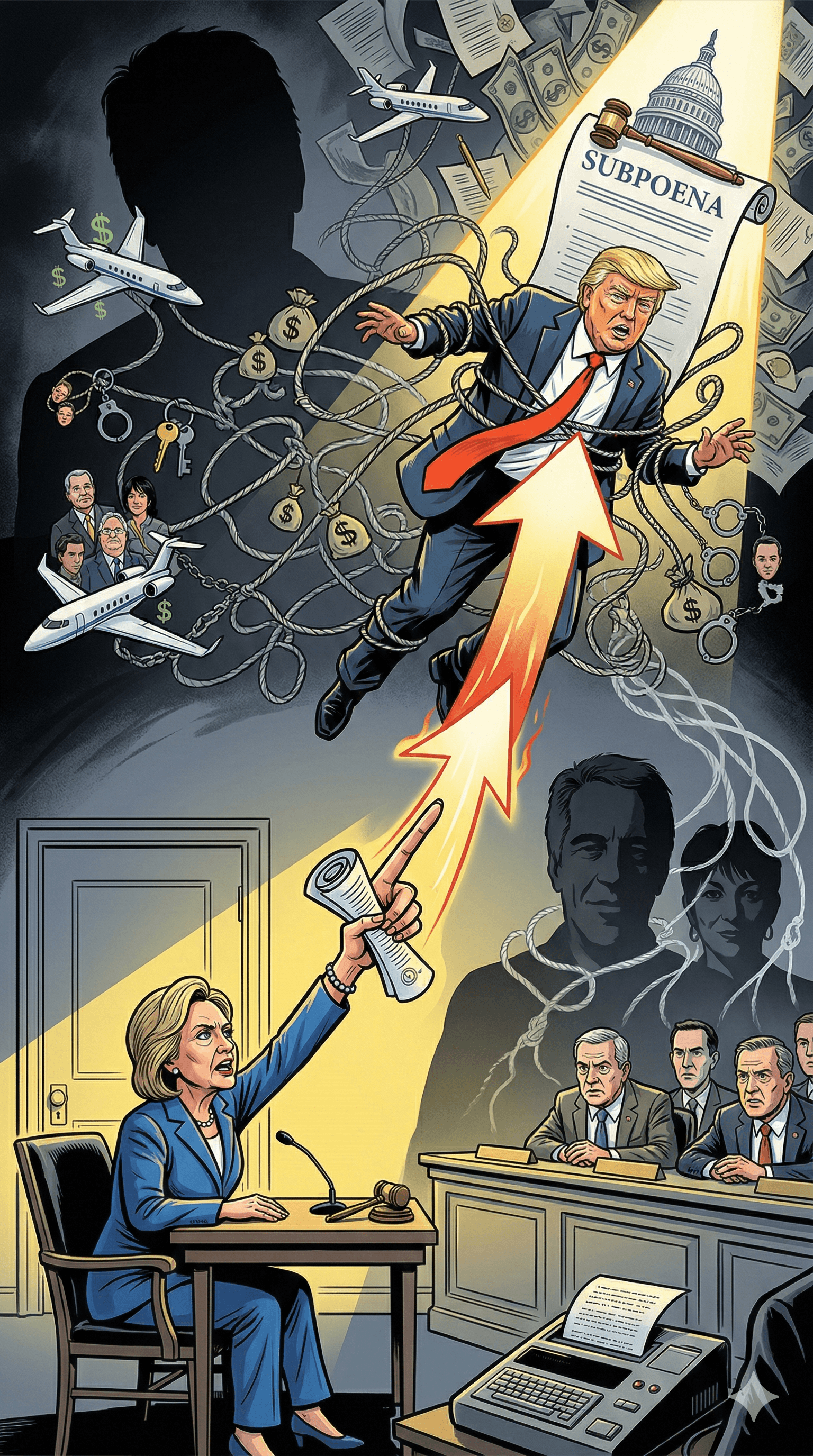 Political cartoon: Hillary Clinton Urges House Panel to Call Donald Trump to Testify Over Jeffrey Epstein Ties During Deposition