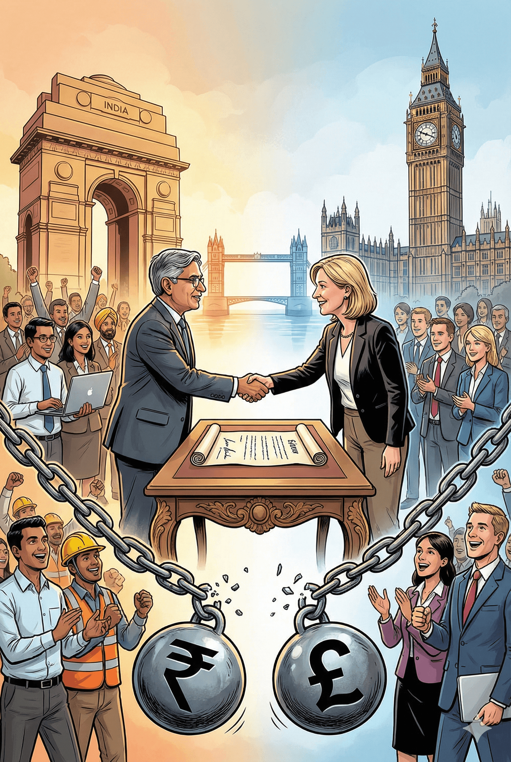 Political cartoon: India and UK Sign Landmark Deal to End Double Social Security Contributions for Cross-Border Workers