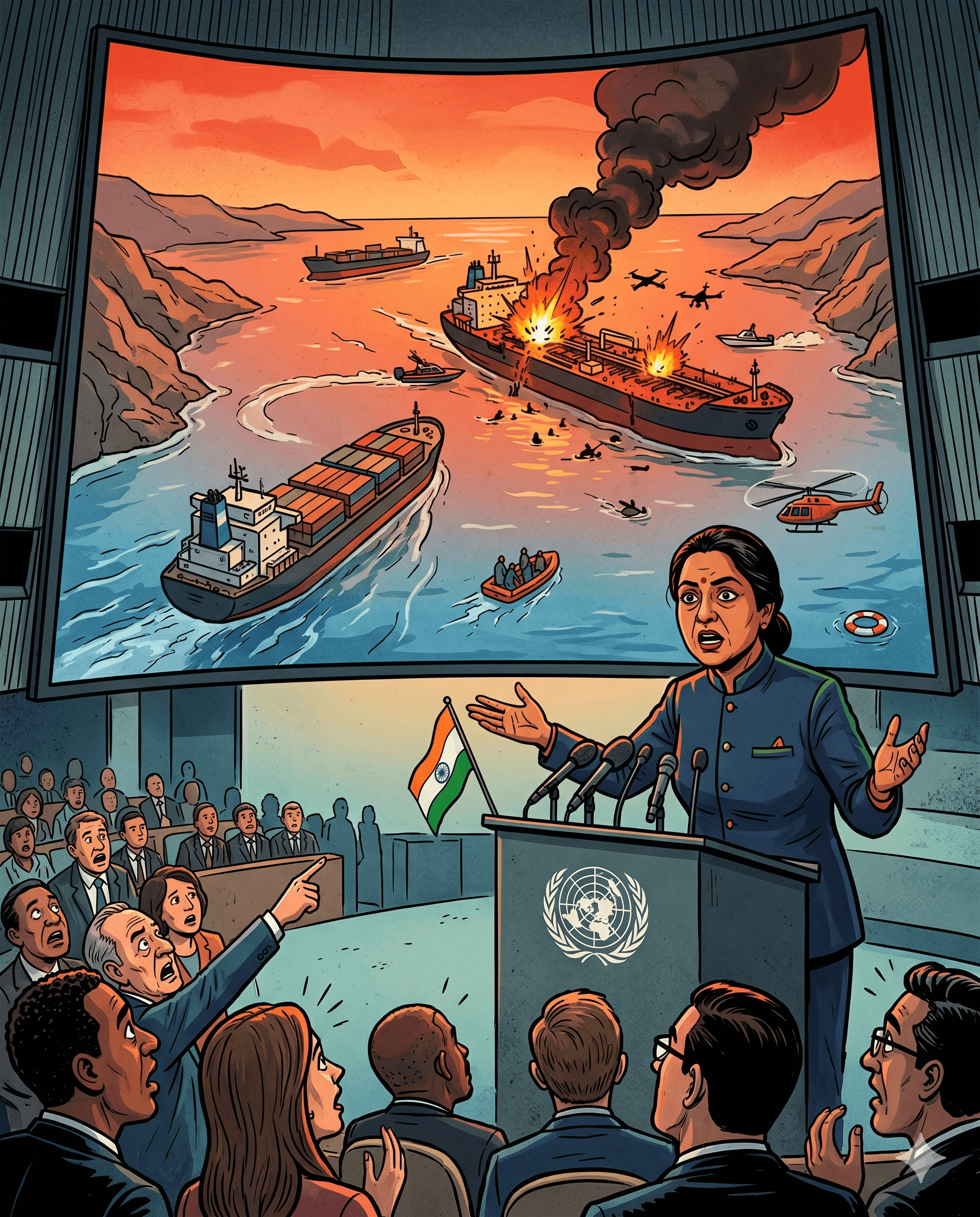 Political cartoon: India at UN Condemns ‘Unacceptable’ Attacks on Commercial Shipping in Strait of Hormuz