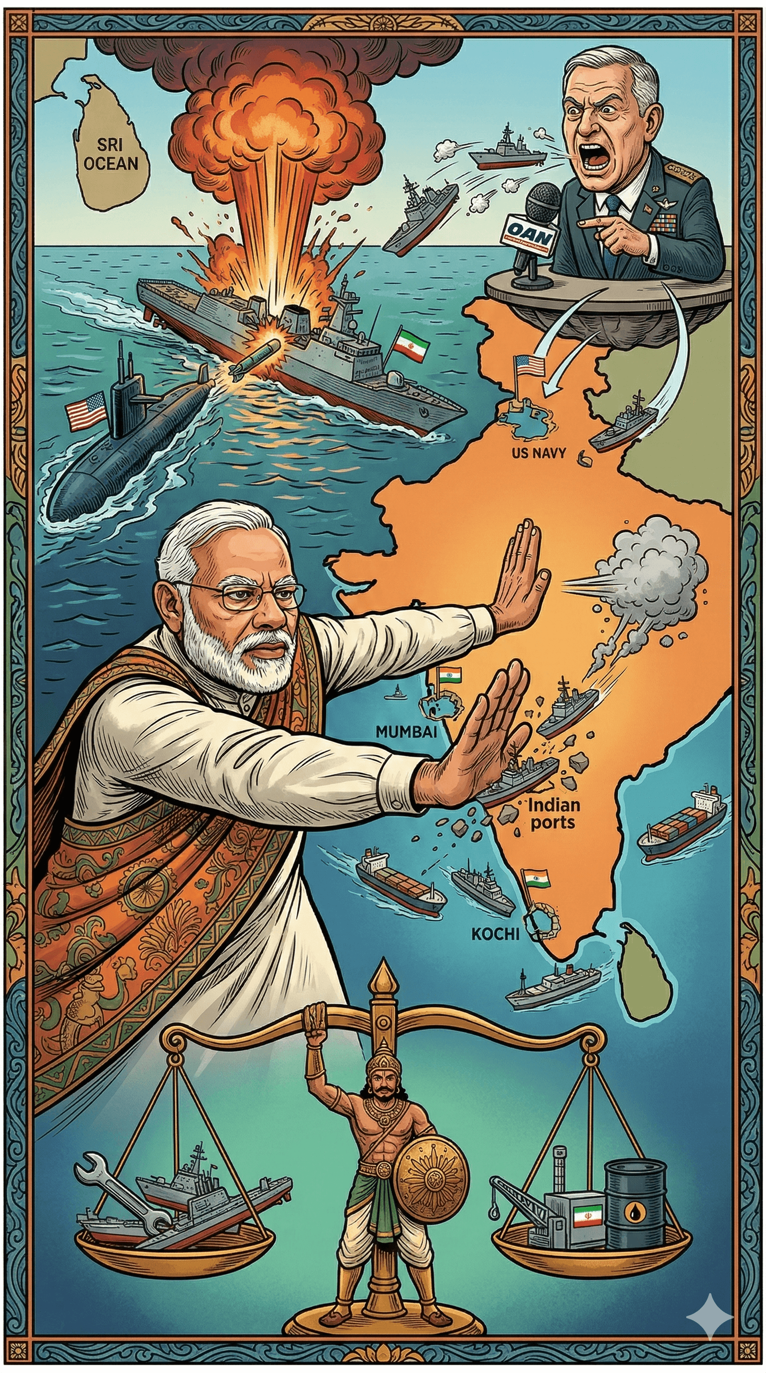 Political cartoon: India Dismisses Claims of US Navy Using Indian Ports for Iran Strikes as ‘Baseless and Fake’
