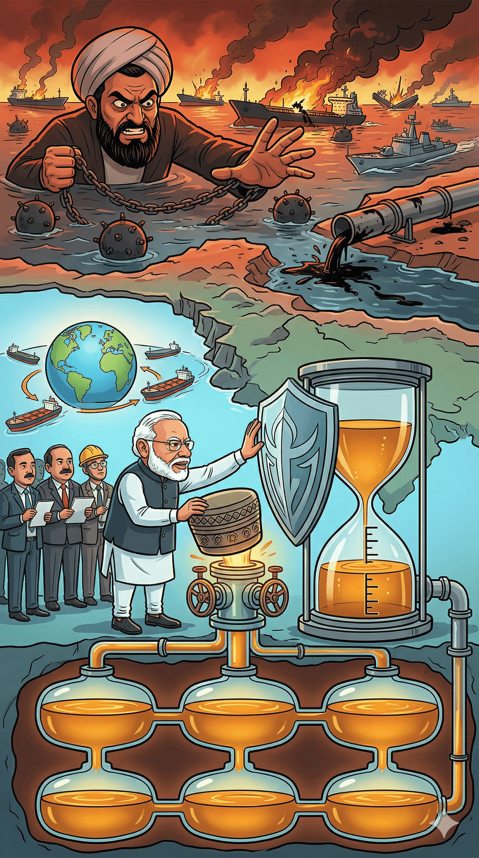 Political cartoon: India Secures 60 Days of Oil Supply Amid Strait of Hormuz Disruption: Government Quells Panic