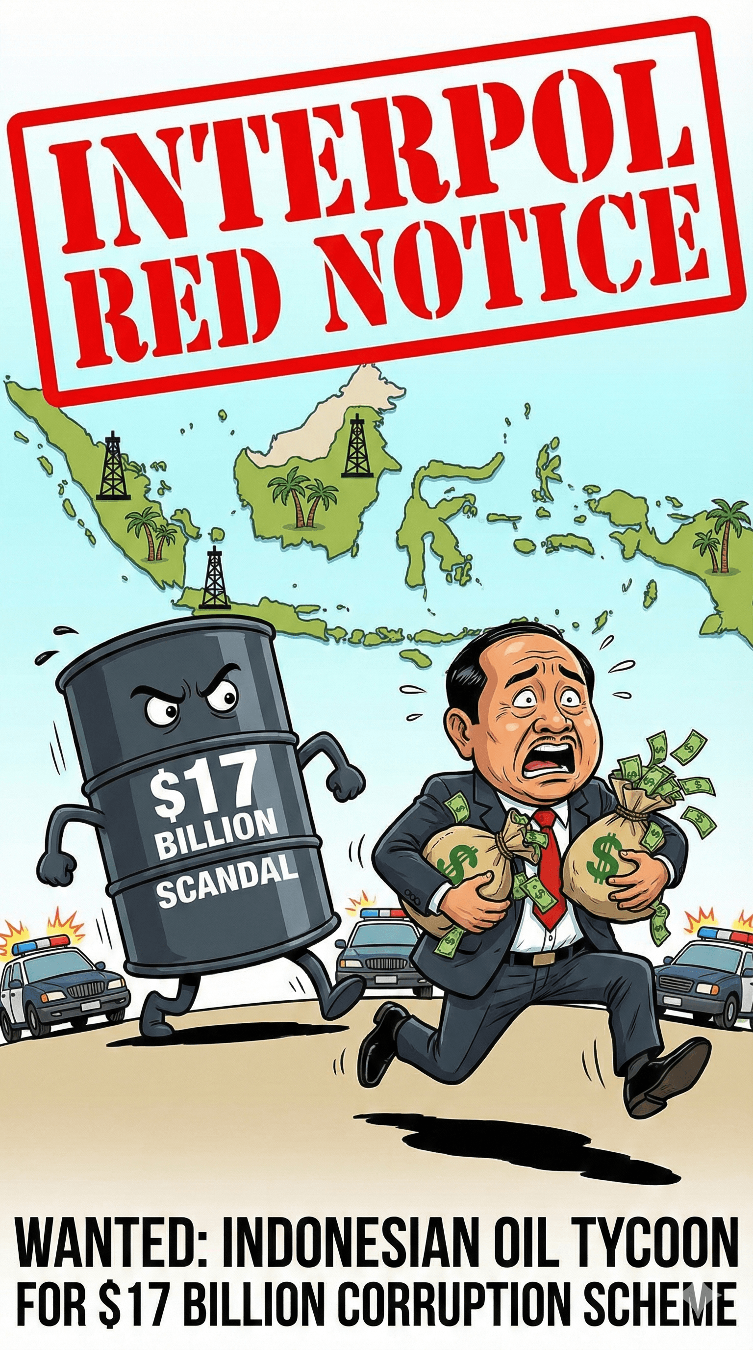 Political cartoon: Interpol Issues Red Notice for "Gasoline Godfather" in $17 Billion Corruption Scandal
