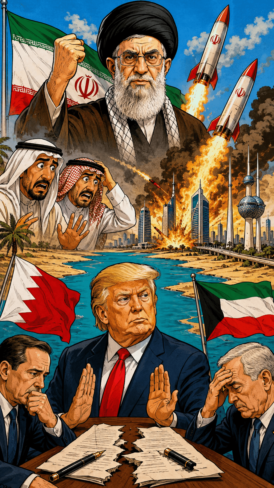 Political cartoon: Iran Attacks Gulf States, Threatens Talks Amid Strait of Hormuz Crisis