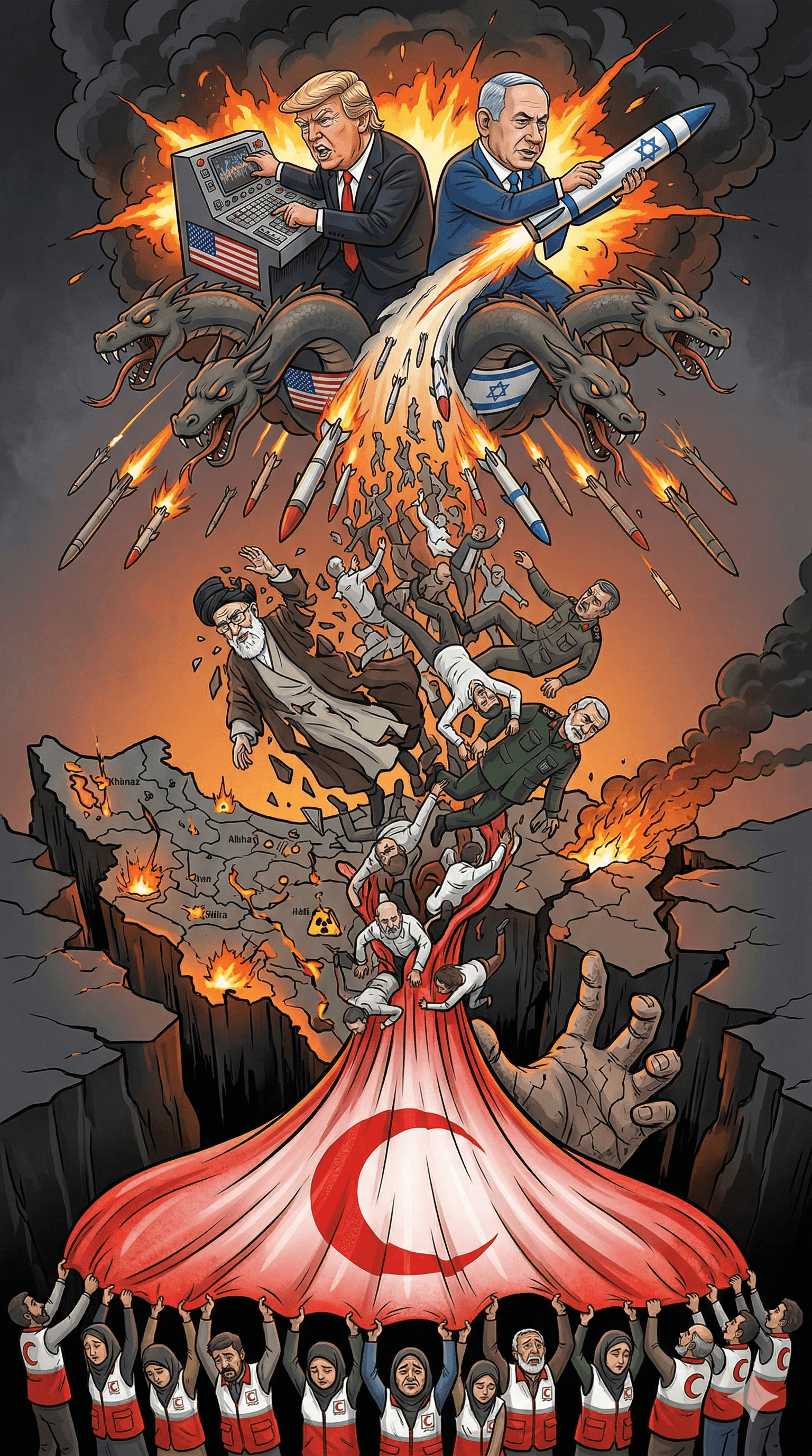 Political cartoon: Iran-Israel War Escalates: At Least 555 Killed in Iran Amid US-Israeli Strikes, Red Crescent Society Says