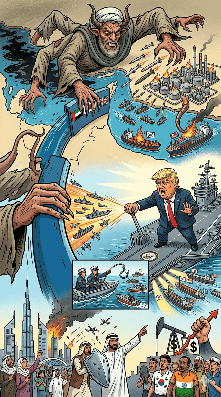 Political cartoon: Iran Strikes UAE and Targeted Ships as U.S. Launches Operation ‘Project Freedom’ in the Strait of Hormuz