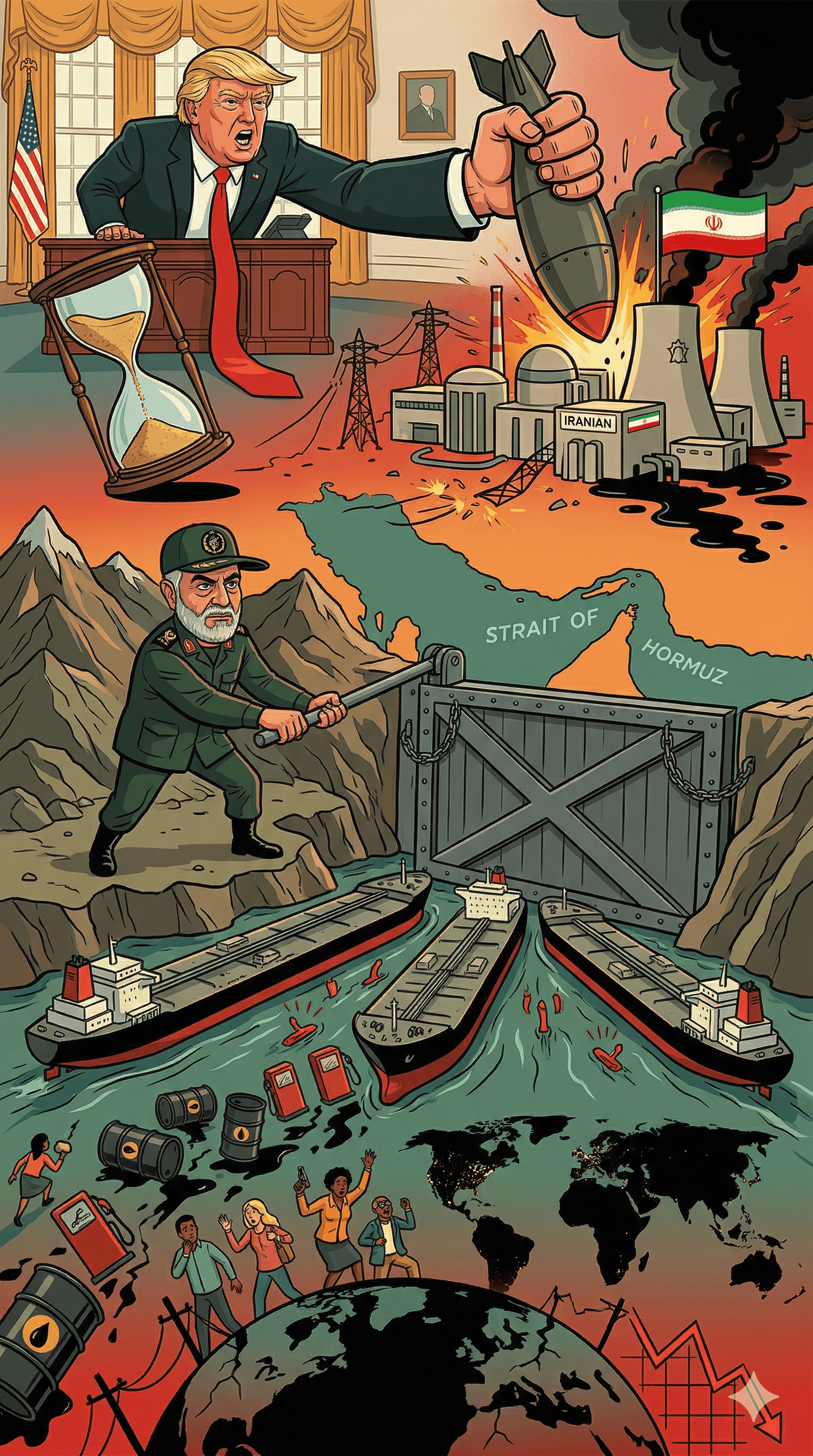 Political cartoon: Iran Warns Strait of Hormuz Could Be ‘Completely’ Closed if US Bombs Power Plants Amid 48-Hour Ultimatum