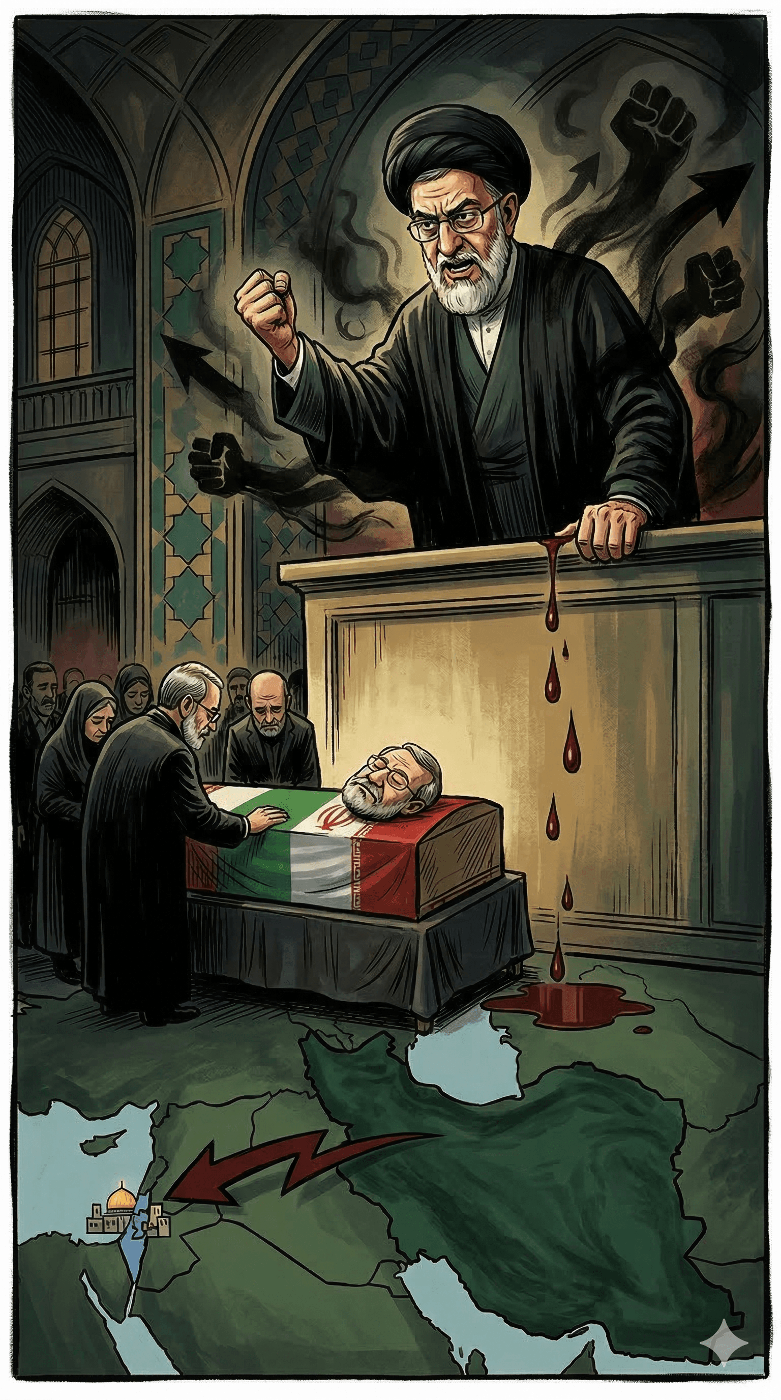 Political cartoon: Iran's Mojtaba Khamenei Vows Revenge After Israel Kills Security Chief Ali Larijani: 'Every Drop of Spilled Blood...'