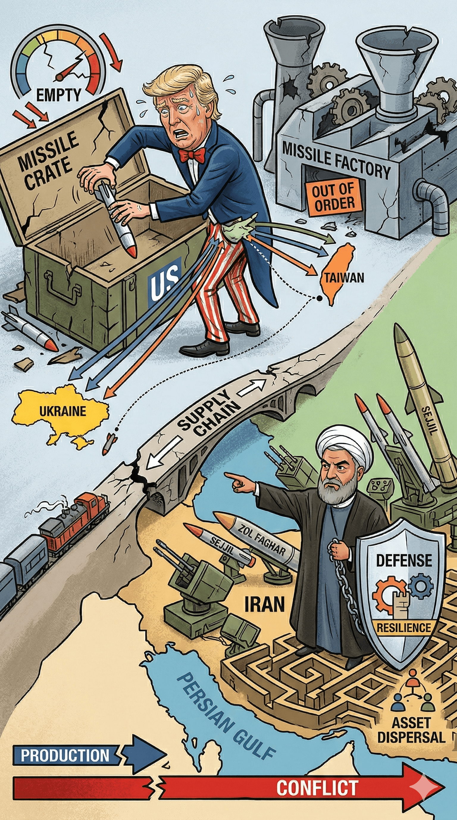 Political cartoon: Is the US Running Out of Missiles to Attack Iran? Inside the Looming Munitions Crisis