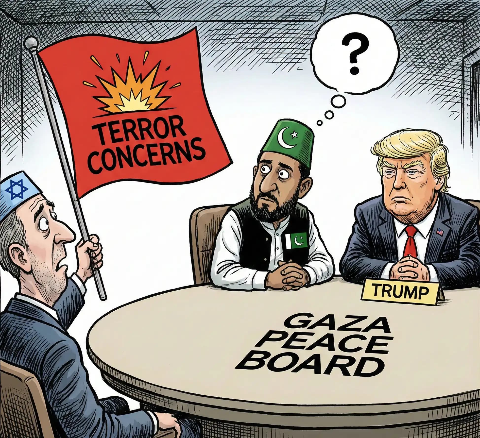 Political cartoon: Diplomatic Firestorm: Israel Flags "Terror Concerns" as Pakistan Joins Trump's Gaza Peace Board
