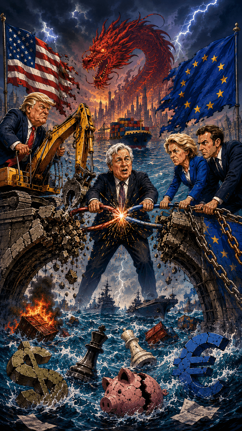 Political cartoon: JPMorgan CEO Jamie Dimon Calls for 'Stronger Europe' as Washington's Top Economic Priority, Slams 'Stupid' US-EU Trade Disputes