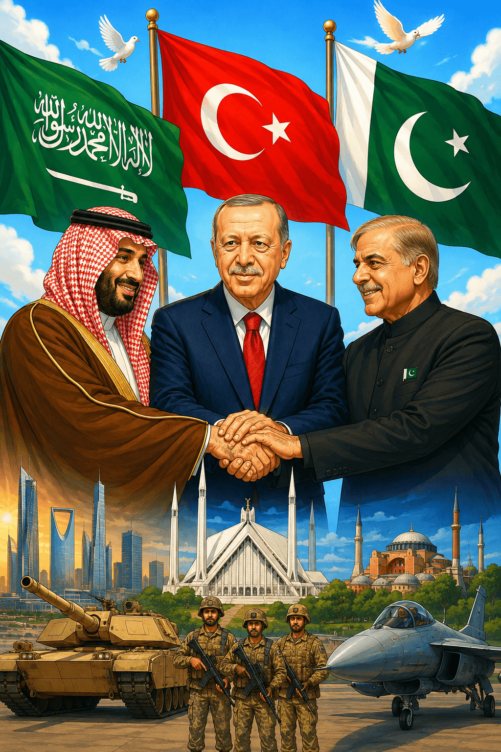 Political cartoon: Mecca Joint Defence Agreement: Saudi Arabia, Turkey, and Pakistan Sign Historic Military Pact Amid Regional Crisis